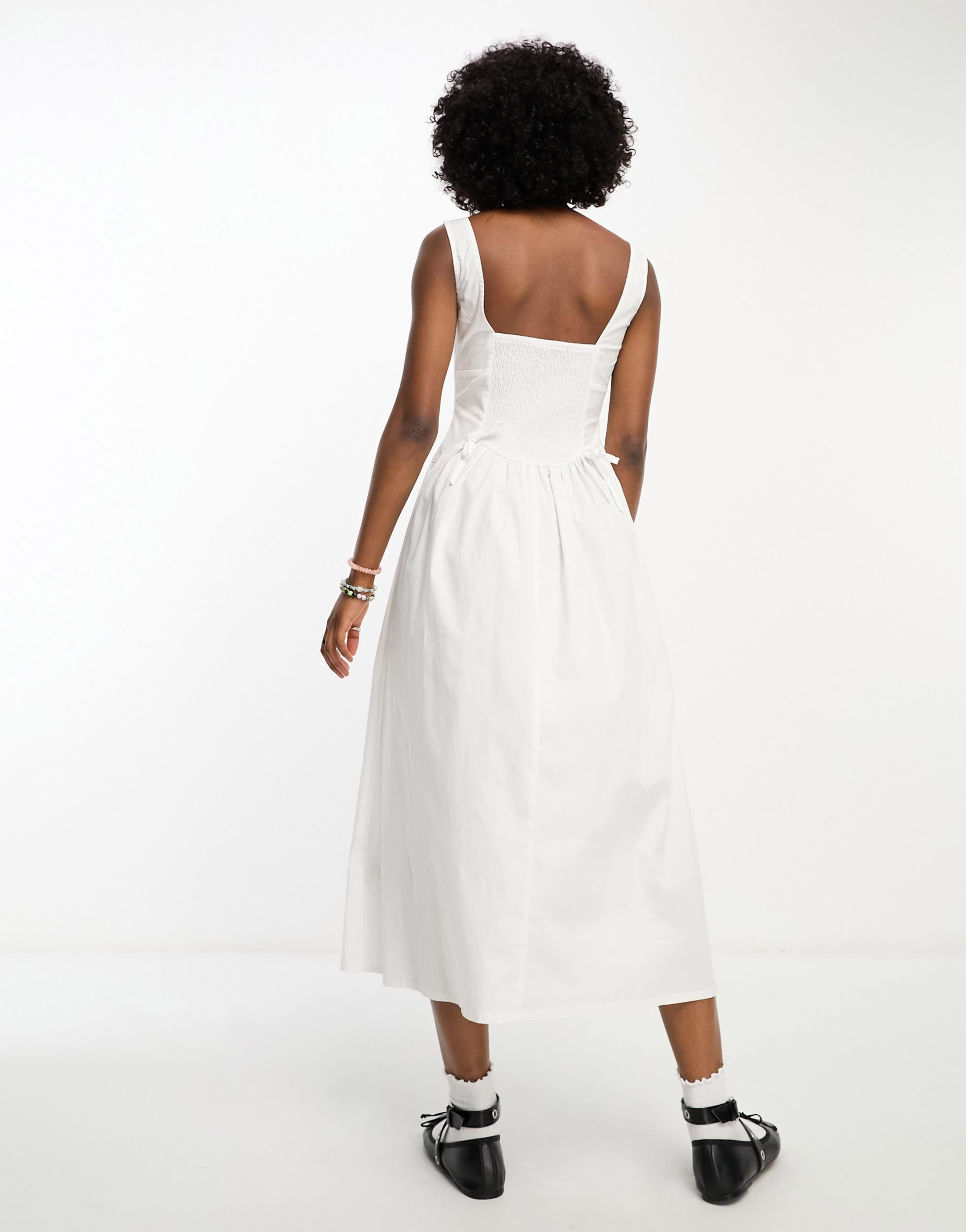 COLLUSION tie detailed smock midi dress in white