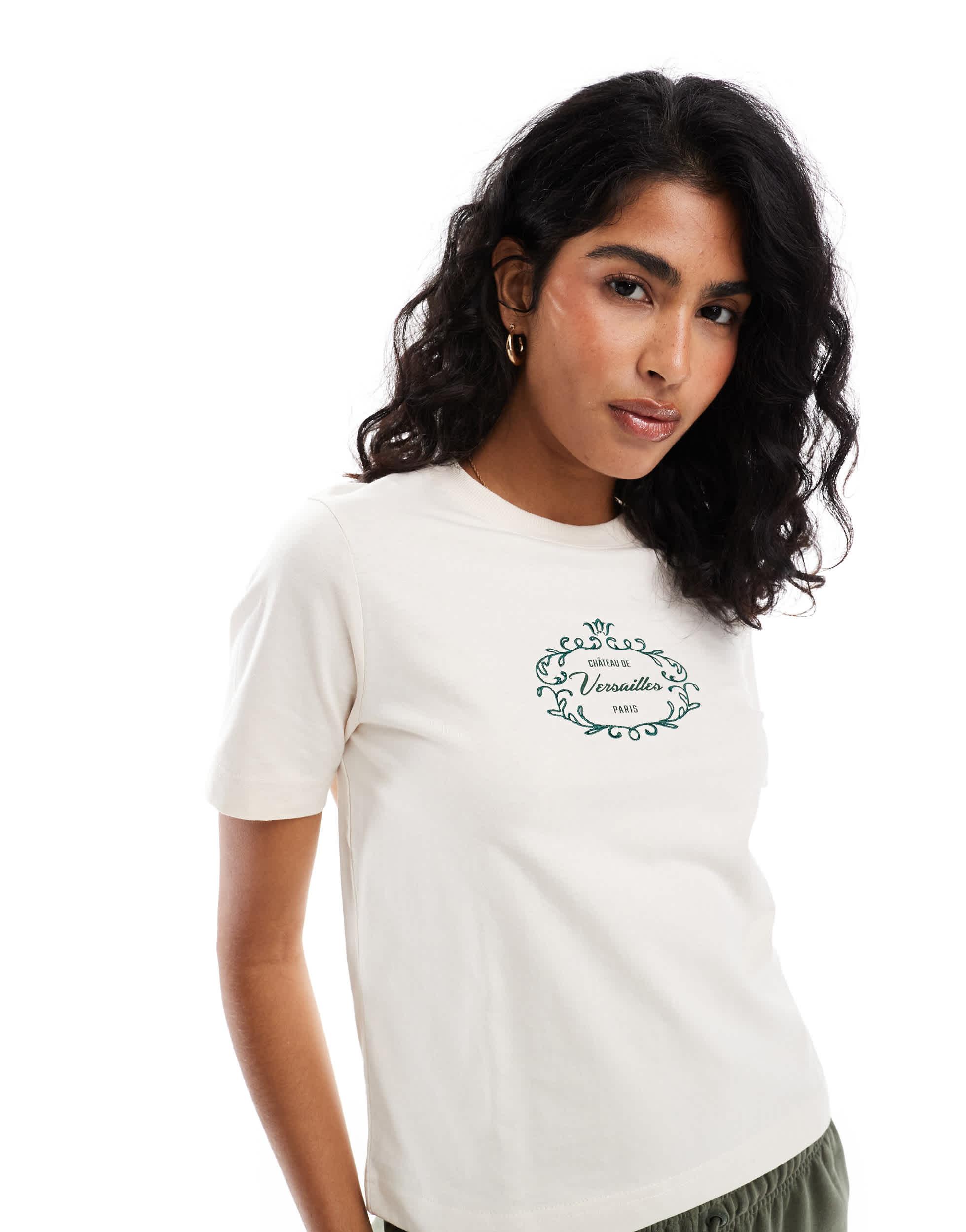 Cotton On fitted T-shirt in coconut with Versailles print