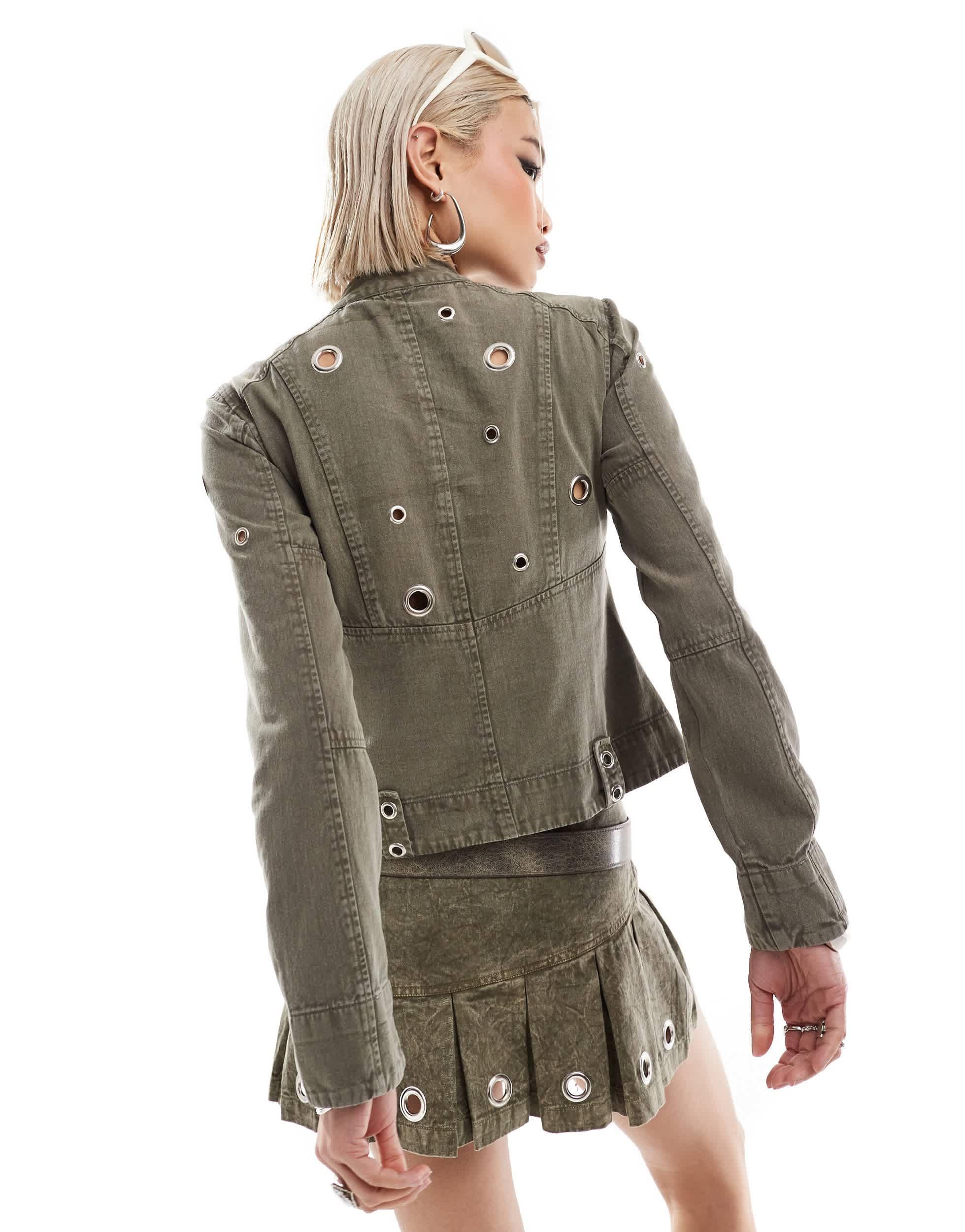 COLLUSION festival moto jacket with eyelets in oil wash - part of a set