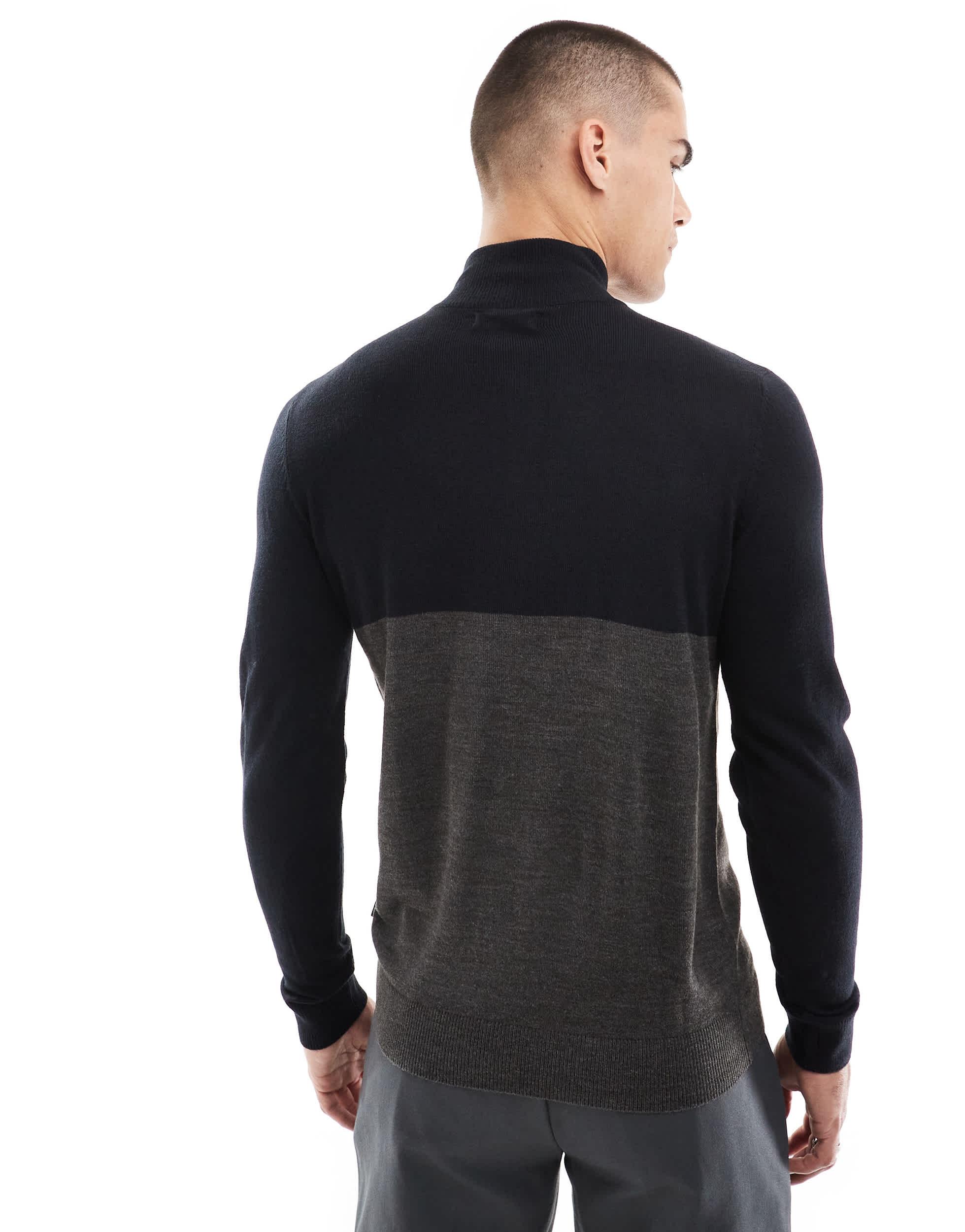 French Connection roll neck half zip sweater in contrast navy in gray