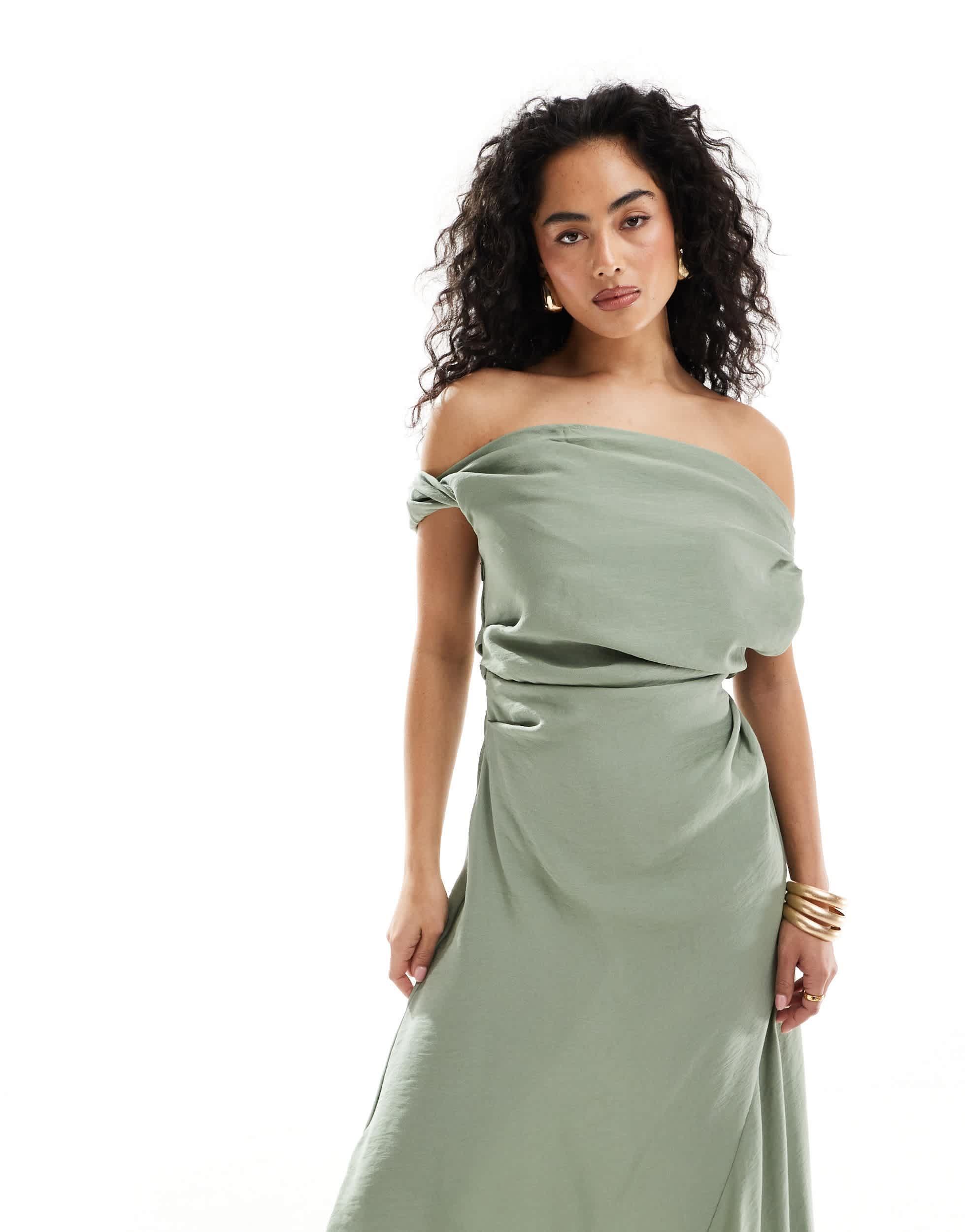 Mango modal off the shoulder midi dress in light green