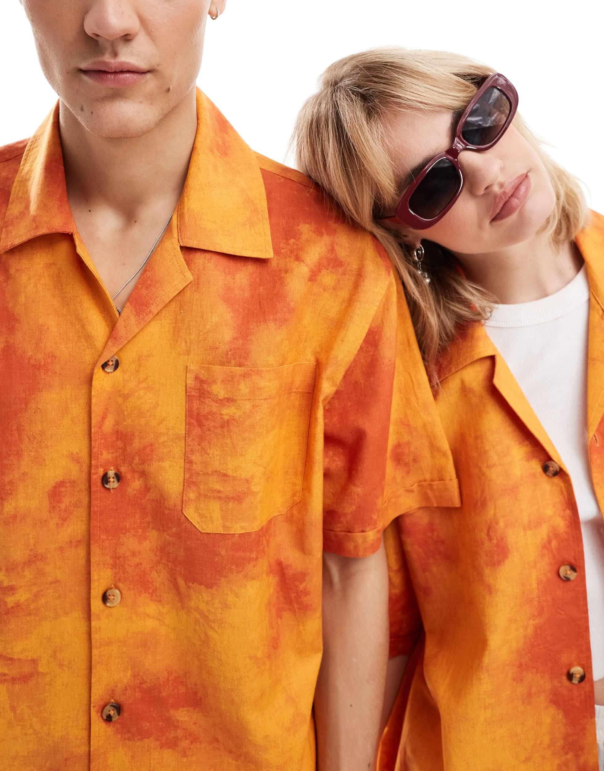 COLLUSION Unisex oversized revere shirt in orange tie dye