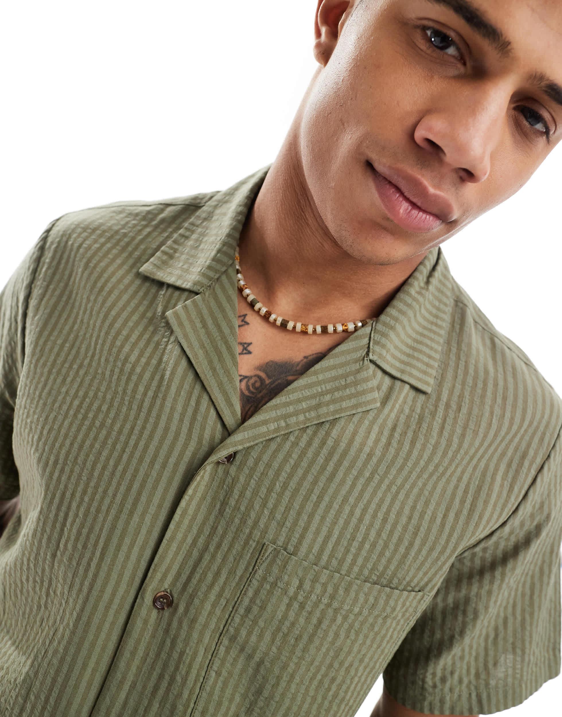 South Beach tonal seersucker striped beach shirt in olive - part of a set