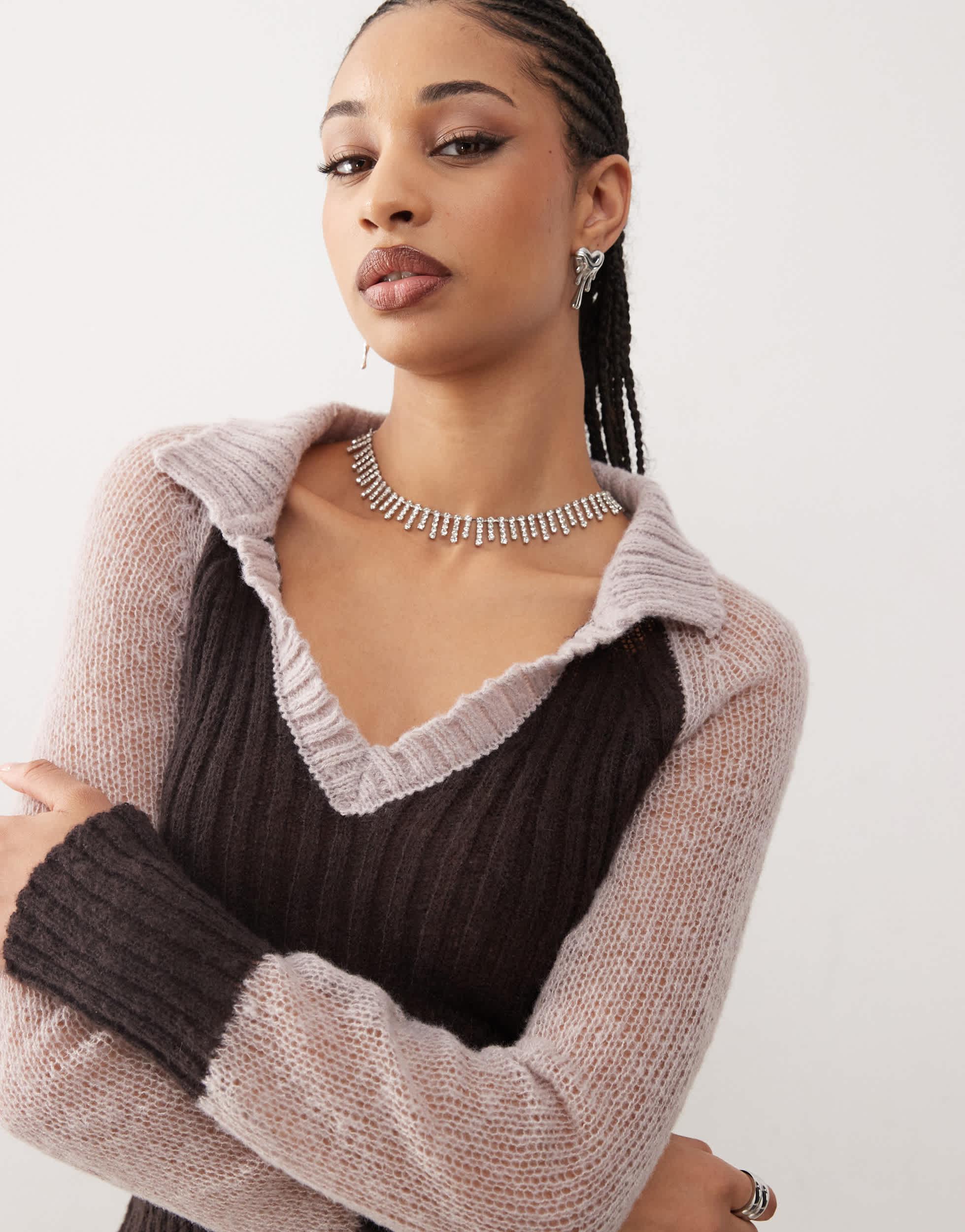 COLLUSION collared knit top in brown