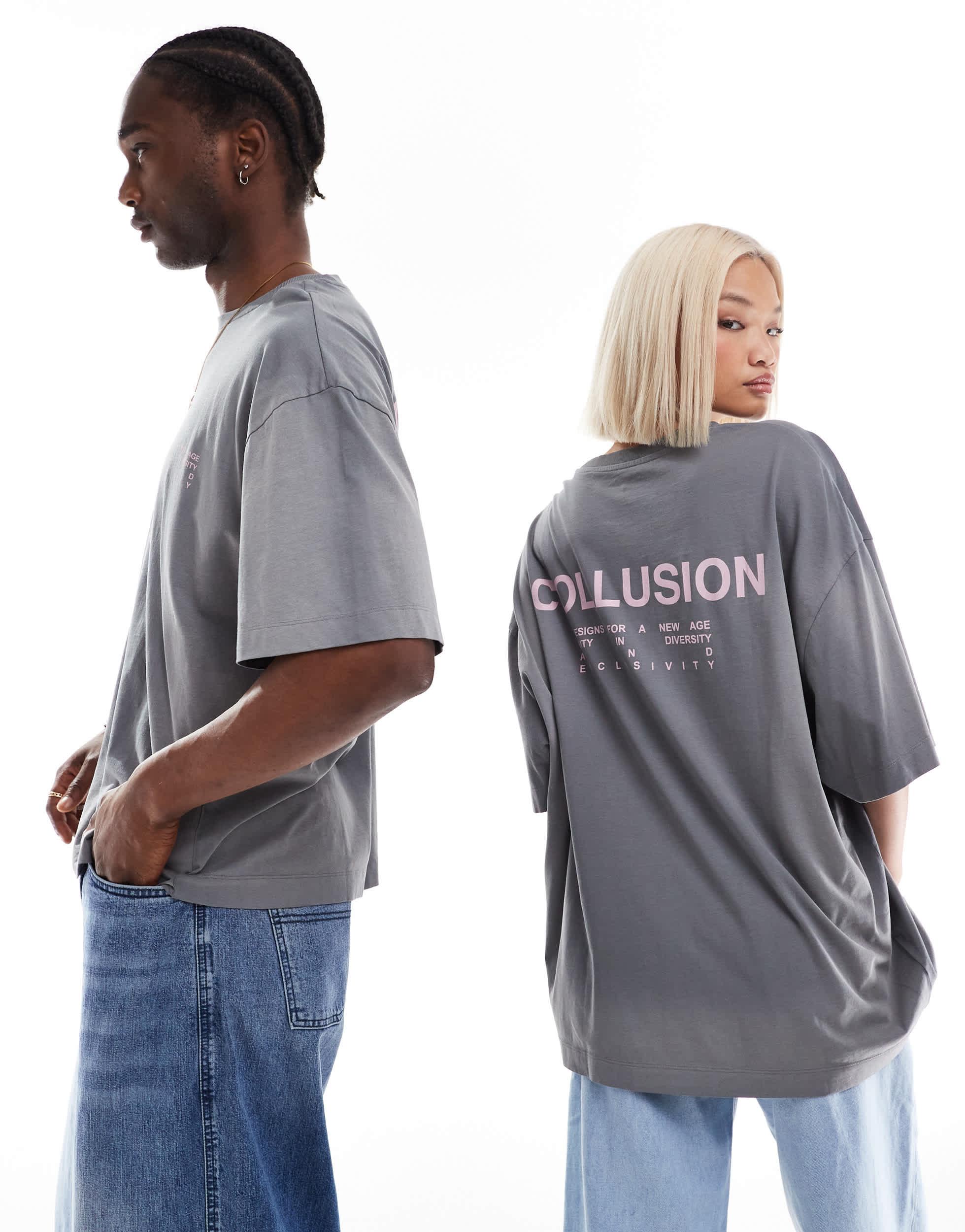 COLLUSION Unisex washed gray and purple t-shirt with print