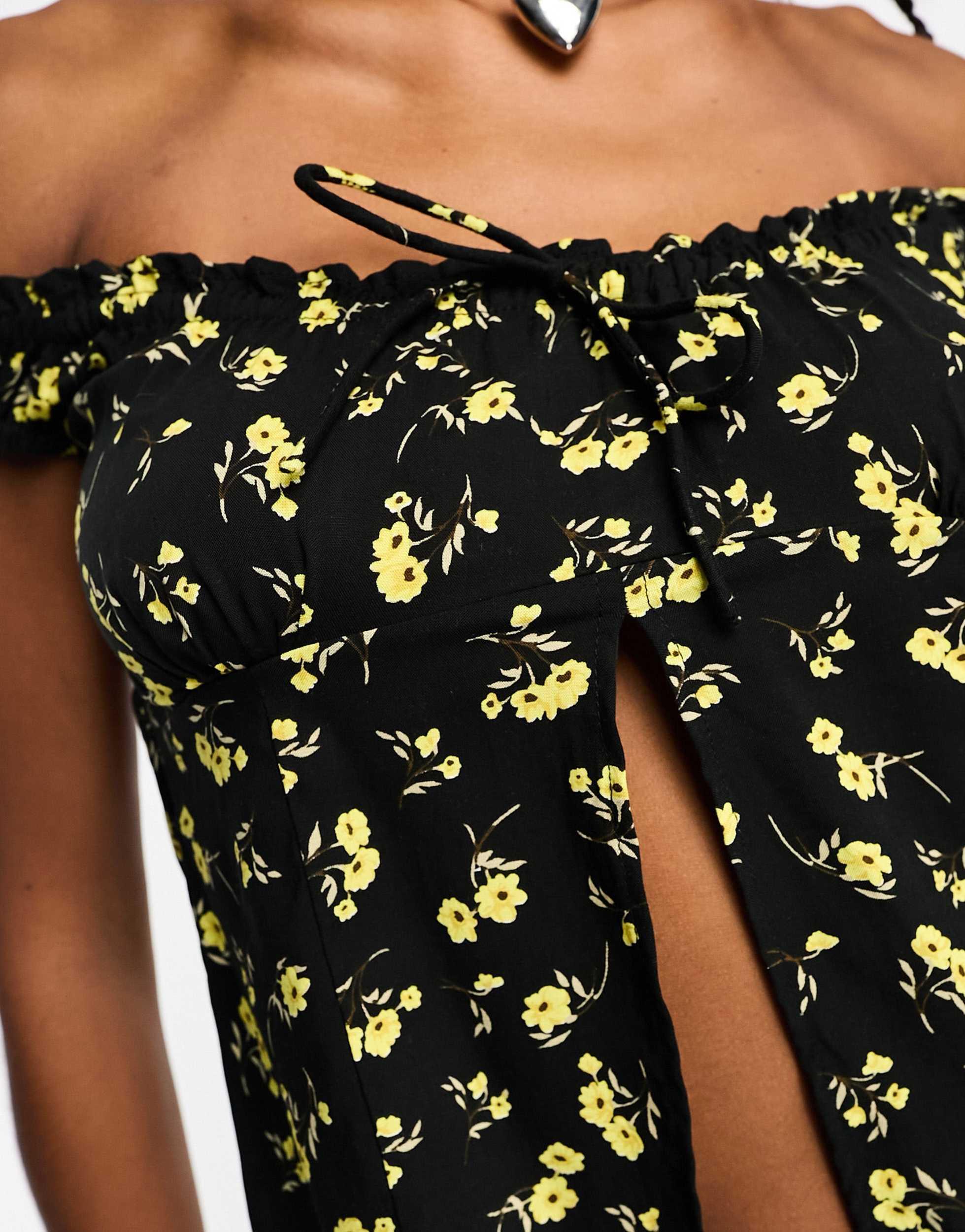 Motel buttercup print ruffle bandeau top in black