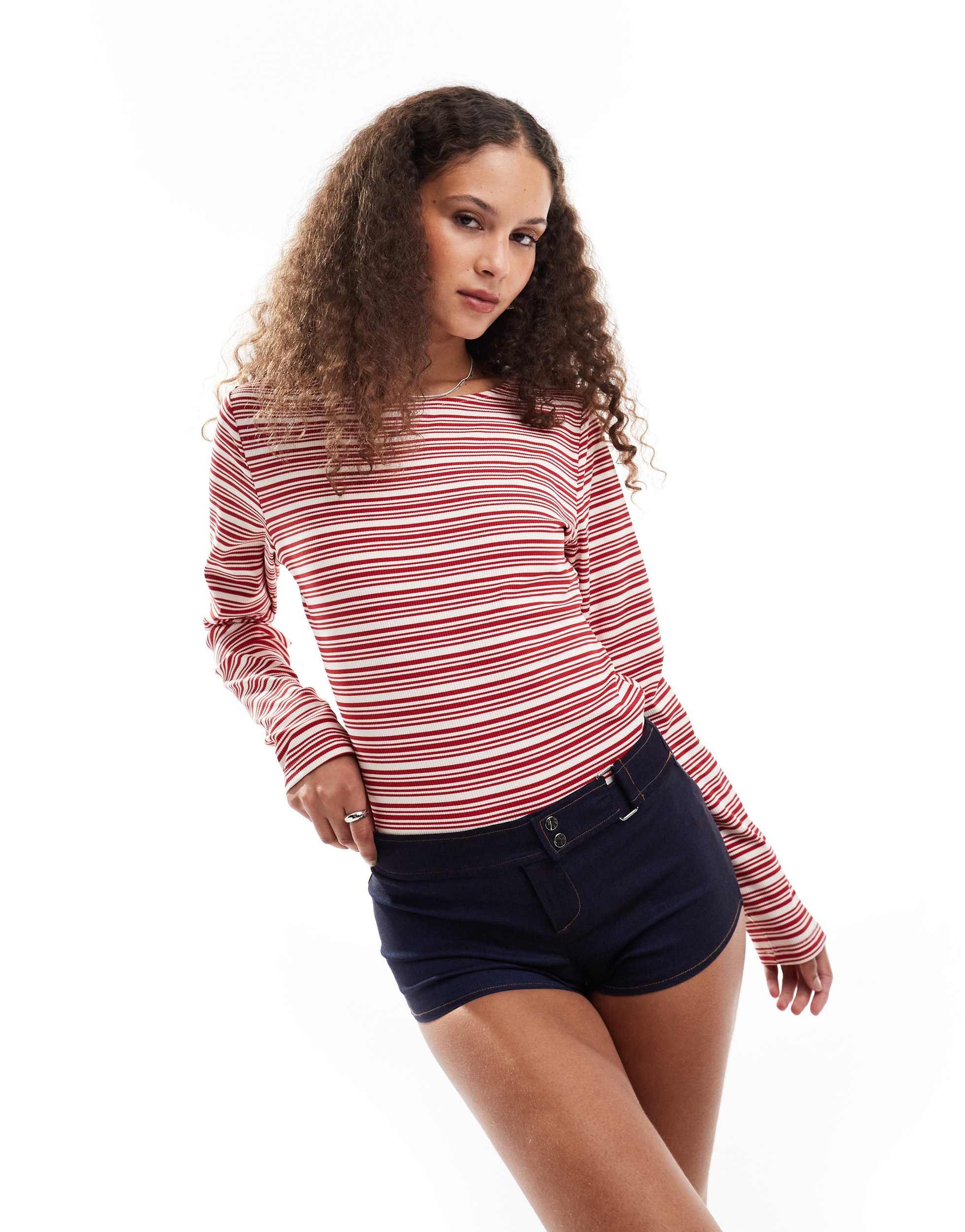 Motel haruka long sleeve striped fitted top in red and white