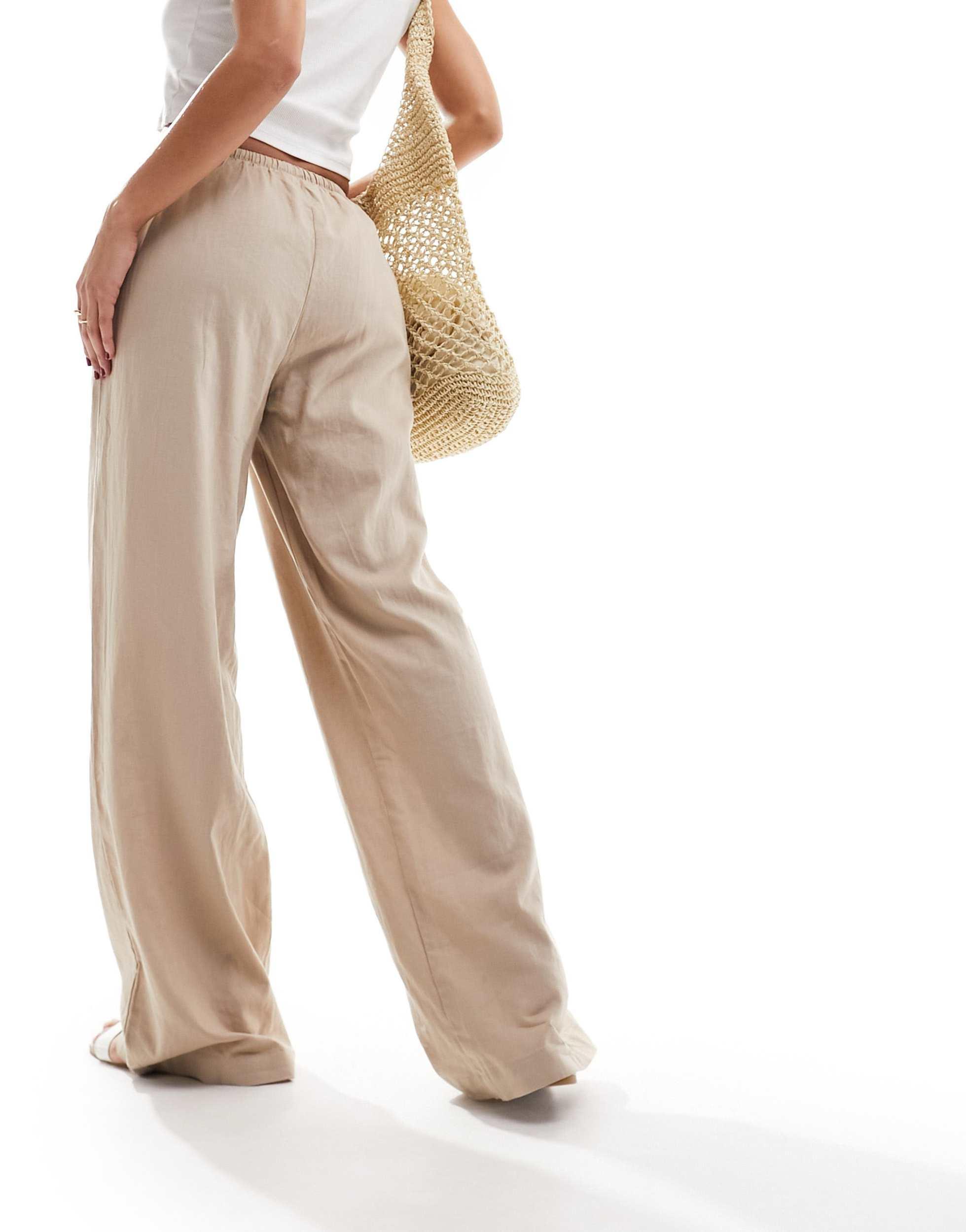 Cotton On drawstring straight leg pants in taupe linen blend