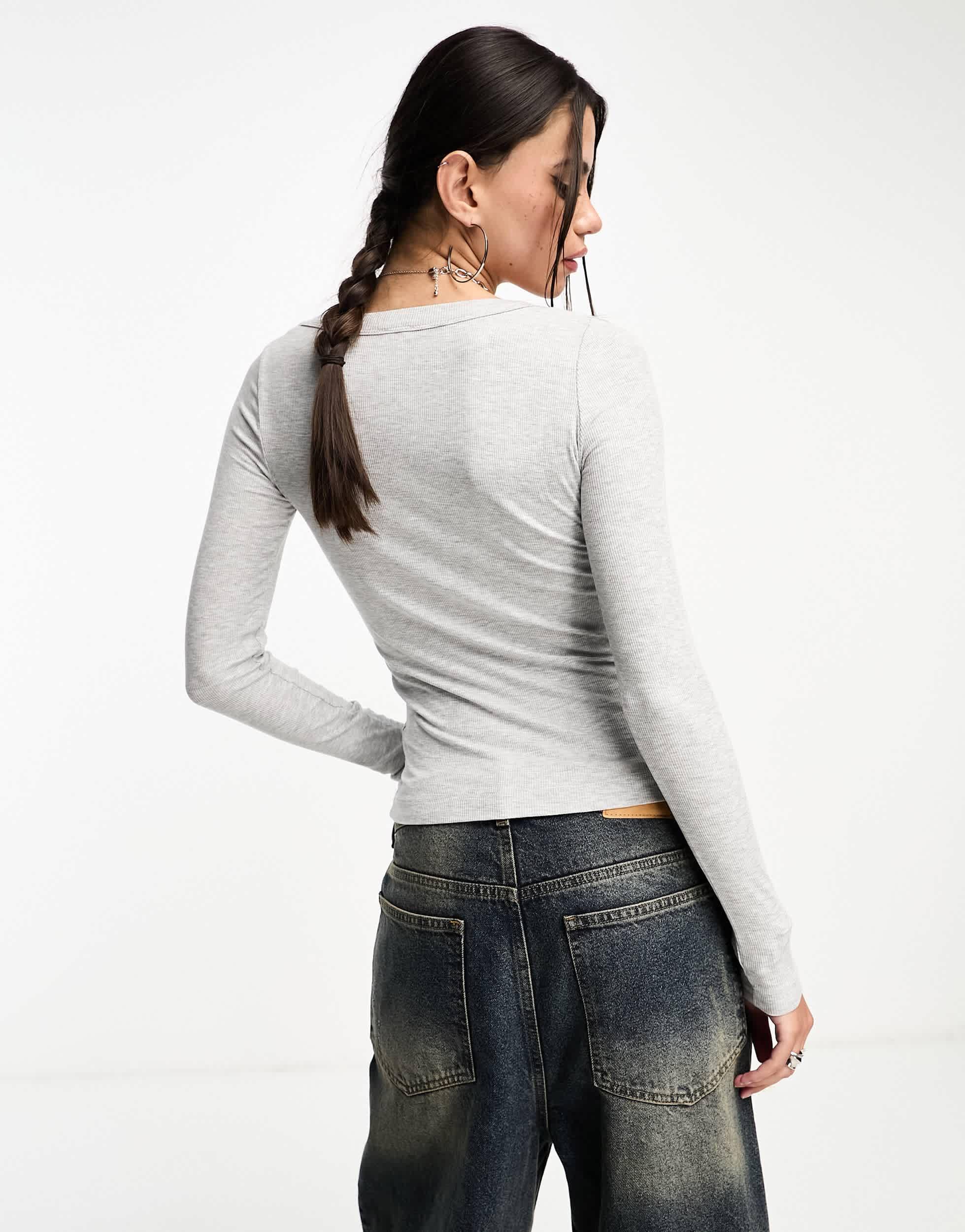 Cotton On ribbed scoop neck long sleeve top in gray