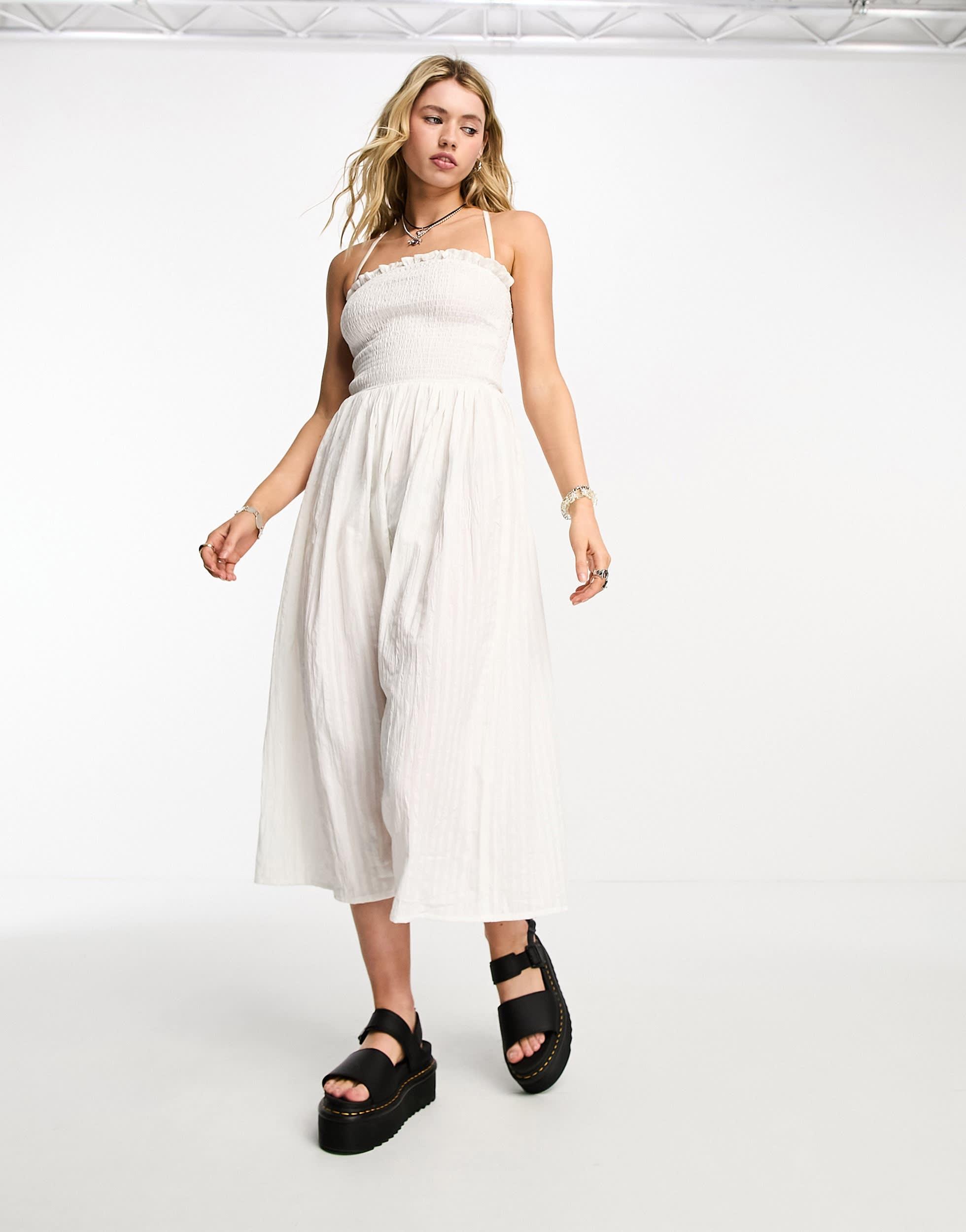 COLLUSION shirred bodice maxi summer smock dress in white