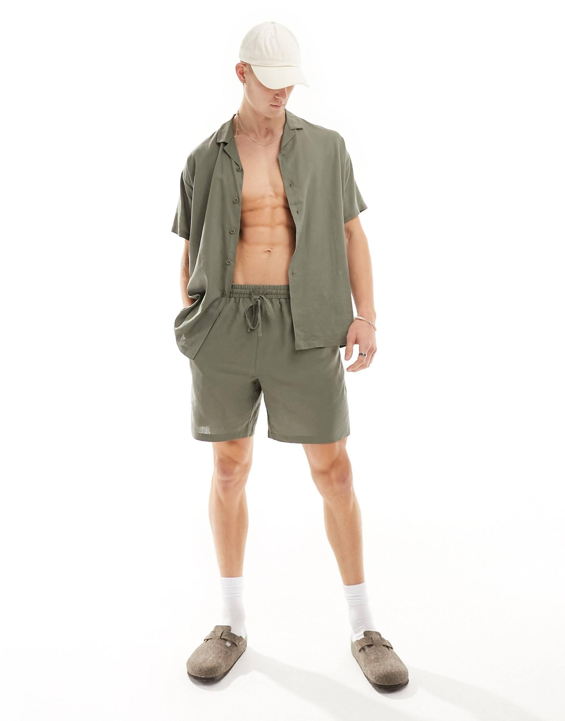 South Beach linen blend beach shorts in khaki