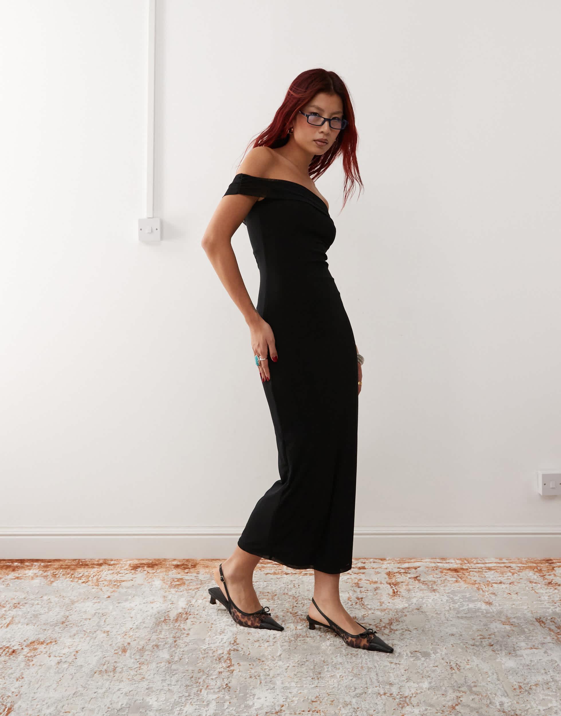 Motel tarna slinky mesh off-shoulder maxi dress in black