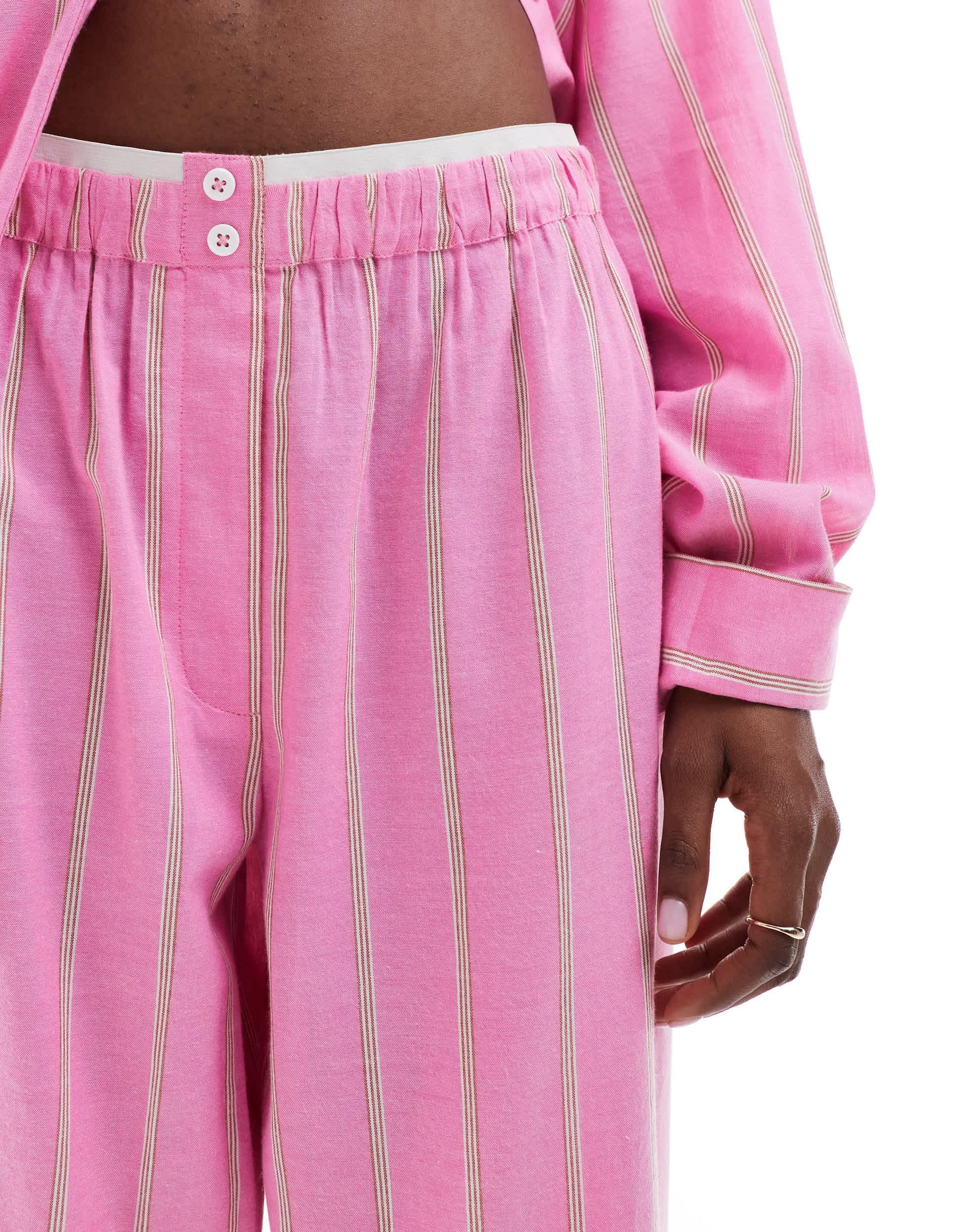 COLLUSION beach linen mix straight leg boxer waist pants in pink stripe