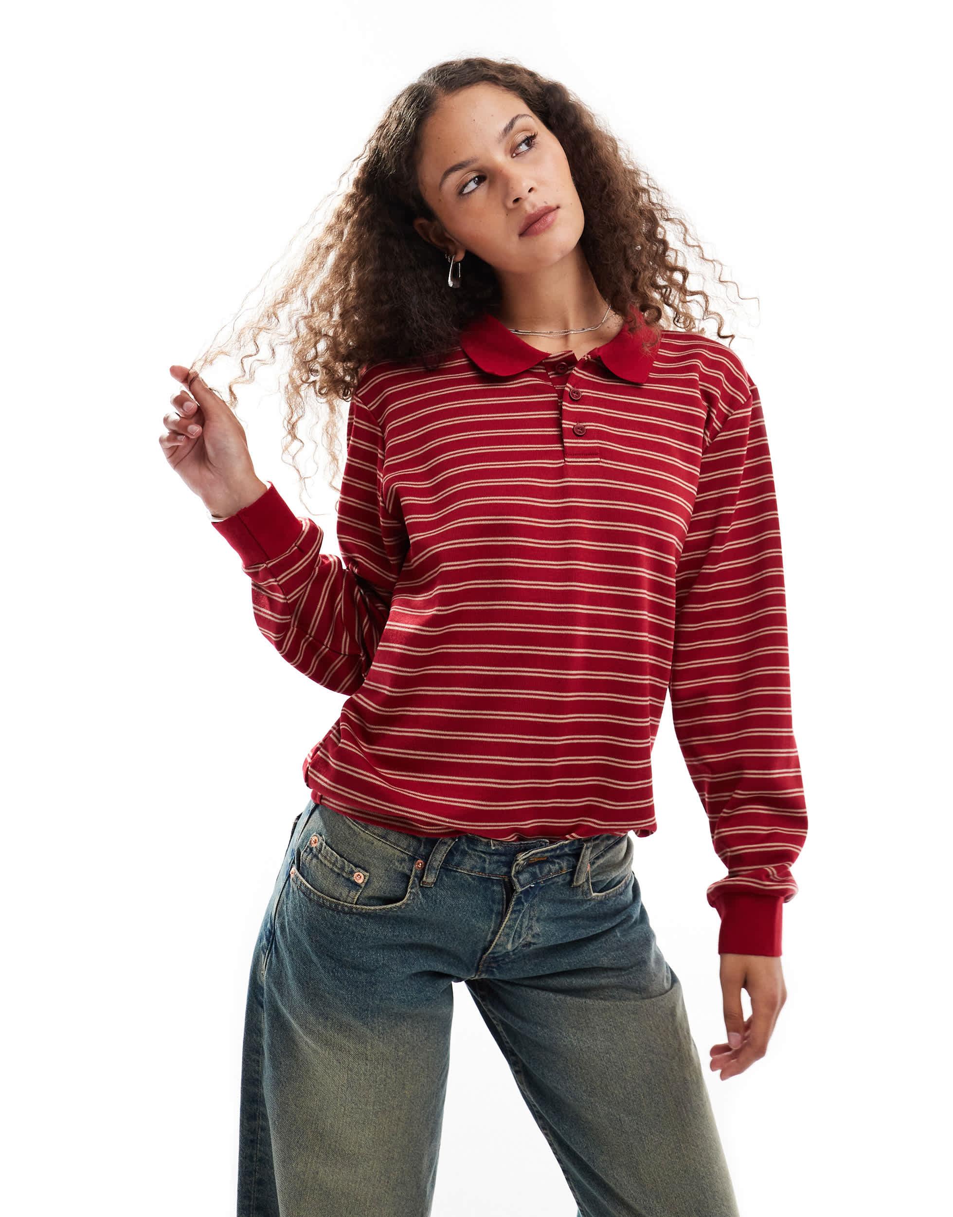 Motel kemillau baggy striped long sleeve rugby top in red and white