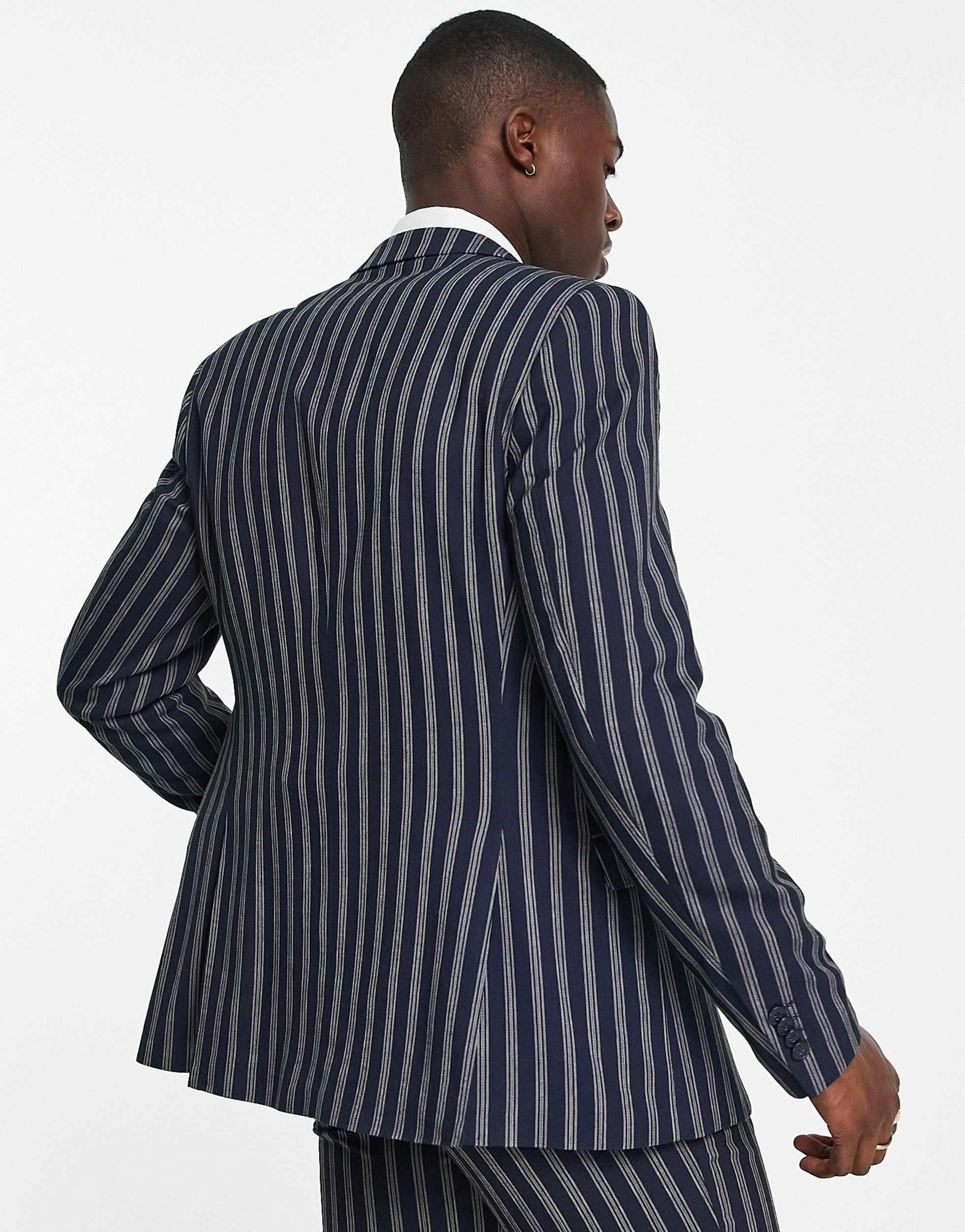 French Connection stripe linen suit jacket in navy