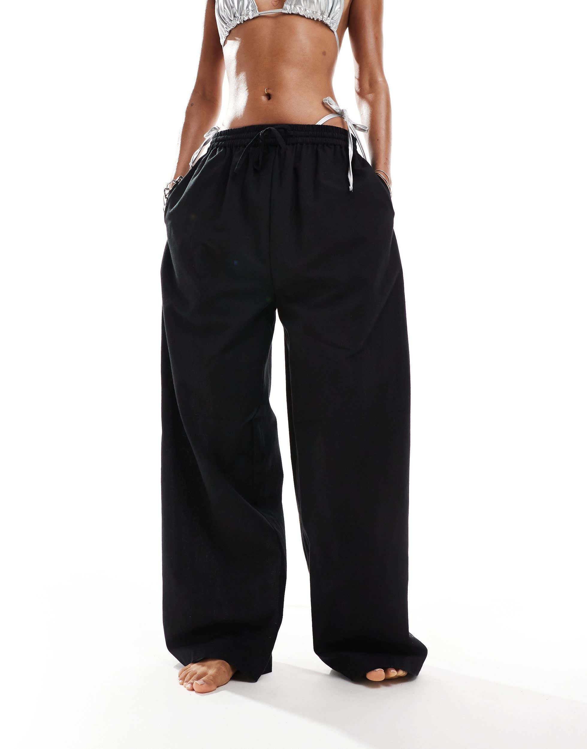 COLLUSION elastic waist linen beach pants in black