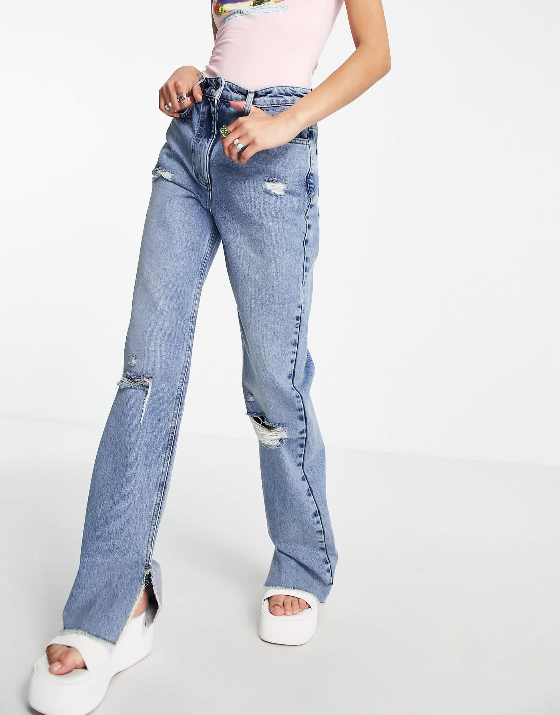 COLLUSION split hem straight leg jeans in vintage blue