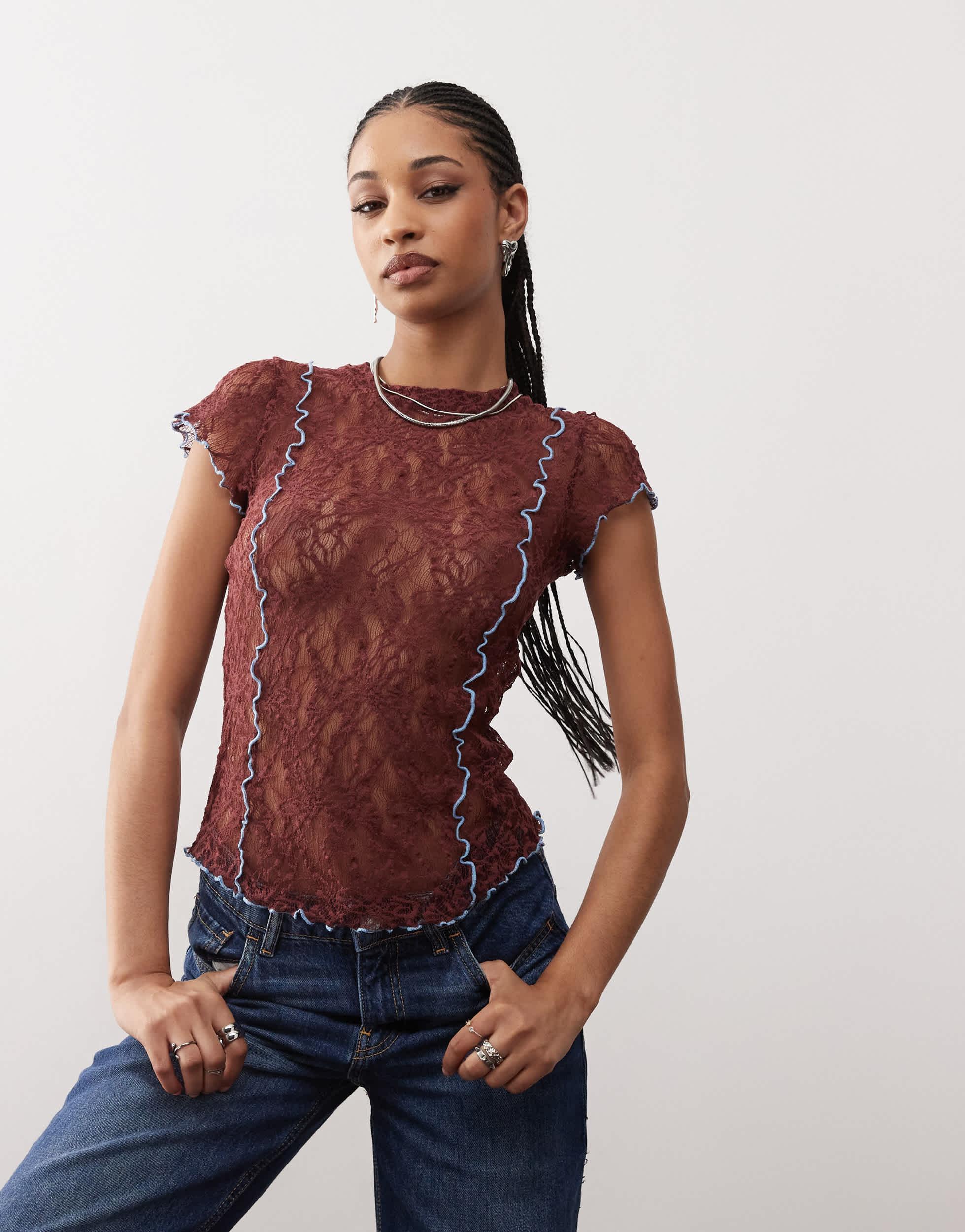 COLLUSION cap sleeve lace top in brown with contrast blue seam