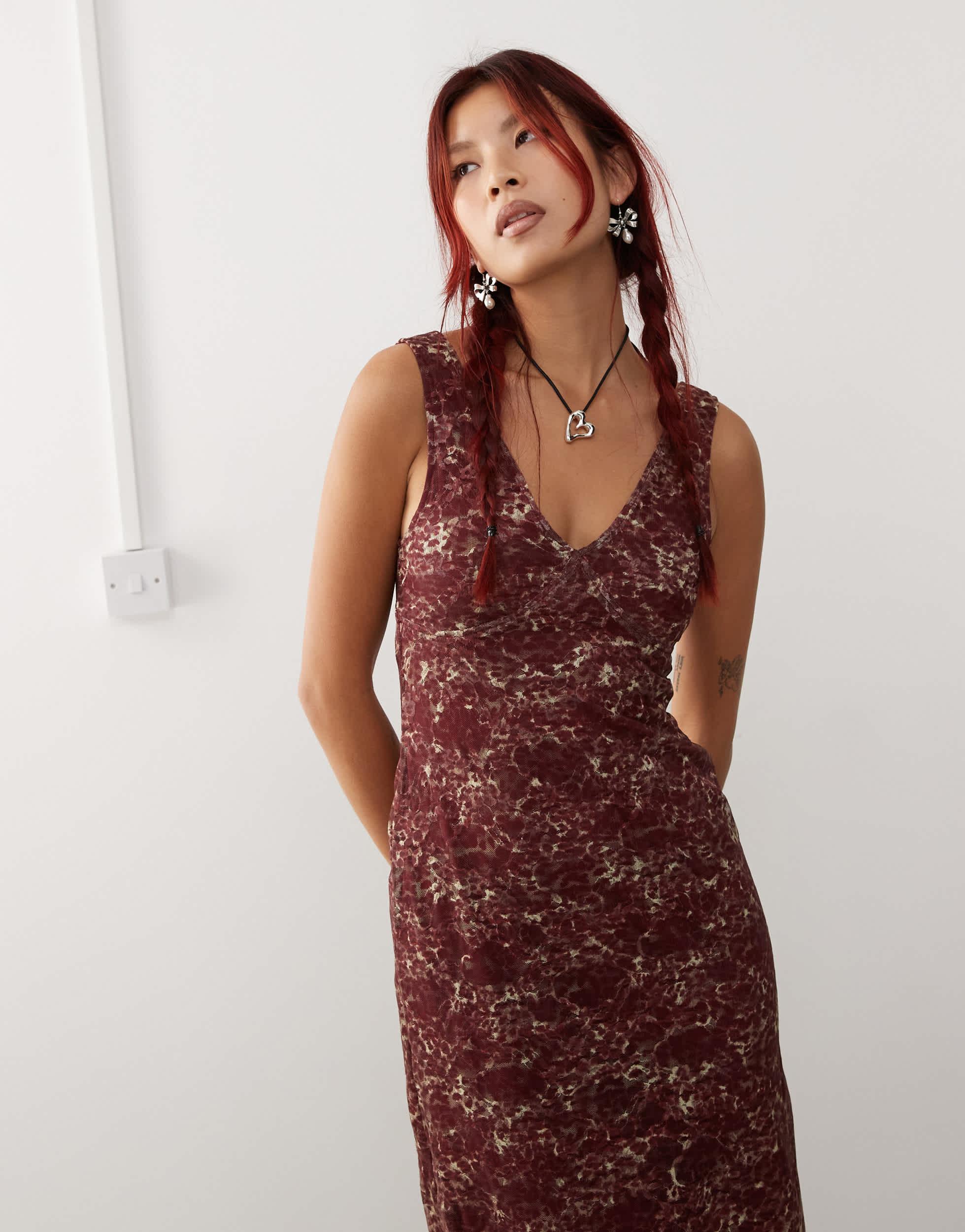 Motel vatika abstract leopard print maxi dress in burgundy