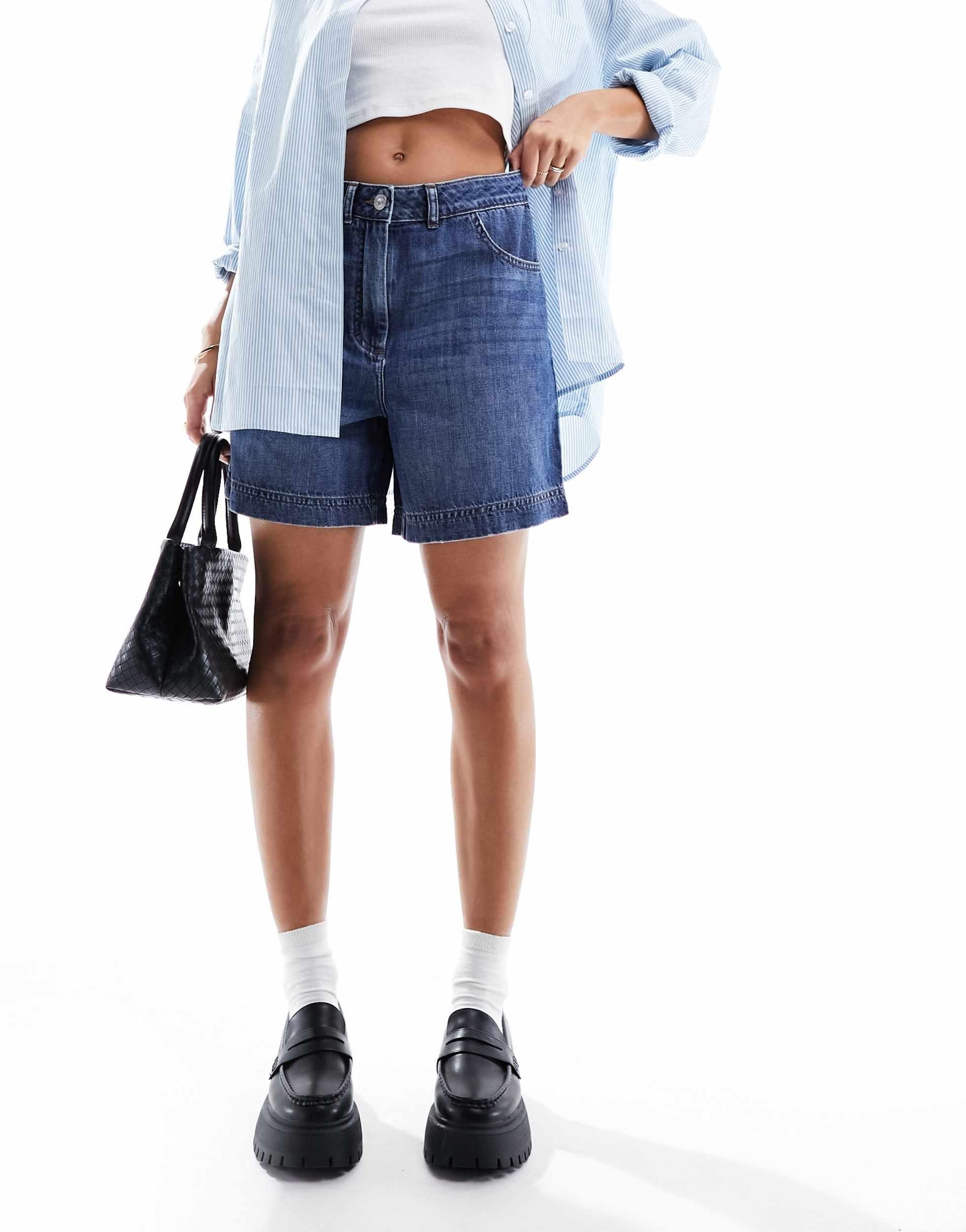 French Connection high rise denim shorts in blue