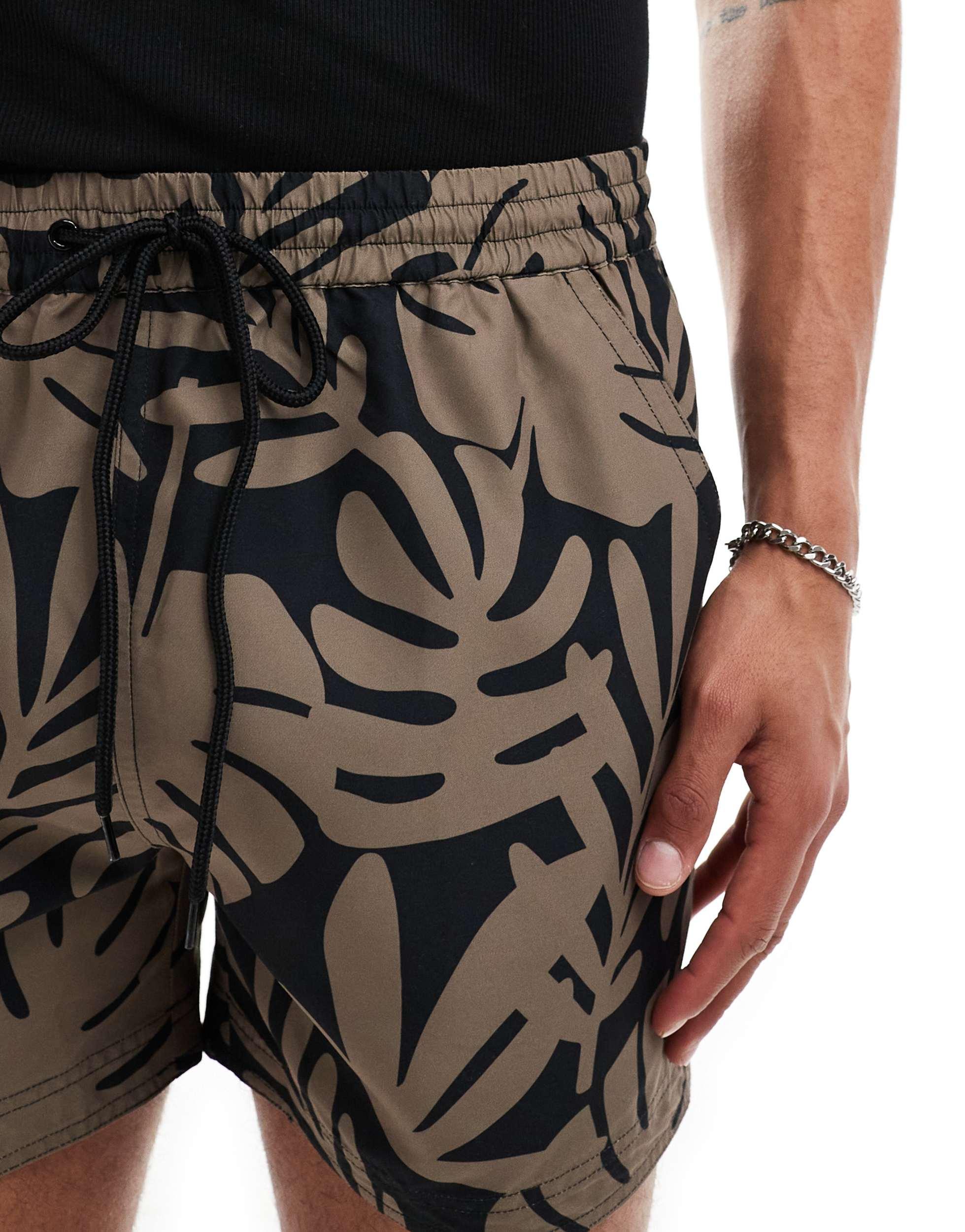 South Beach palm leaf beach shorts in black and beige- part of a set