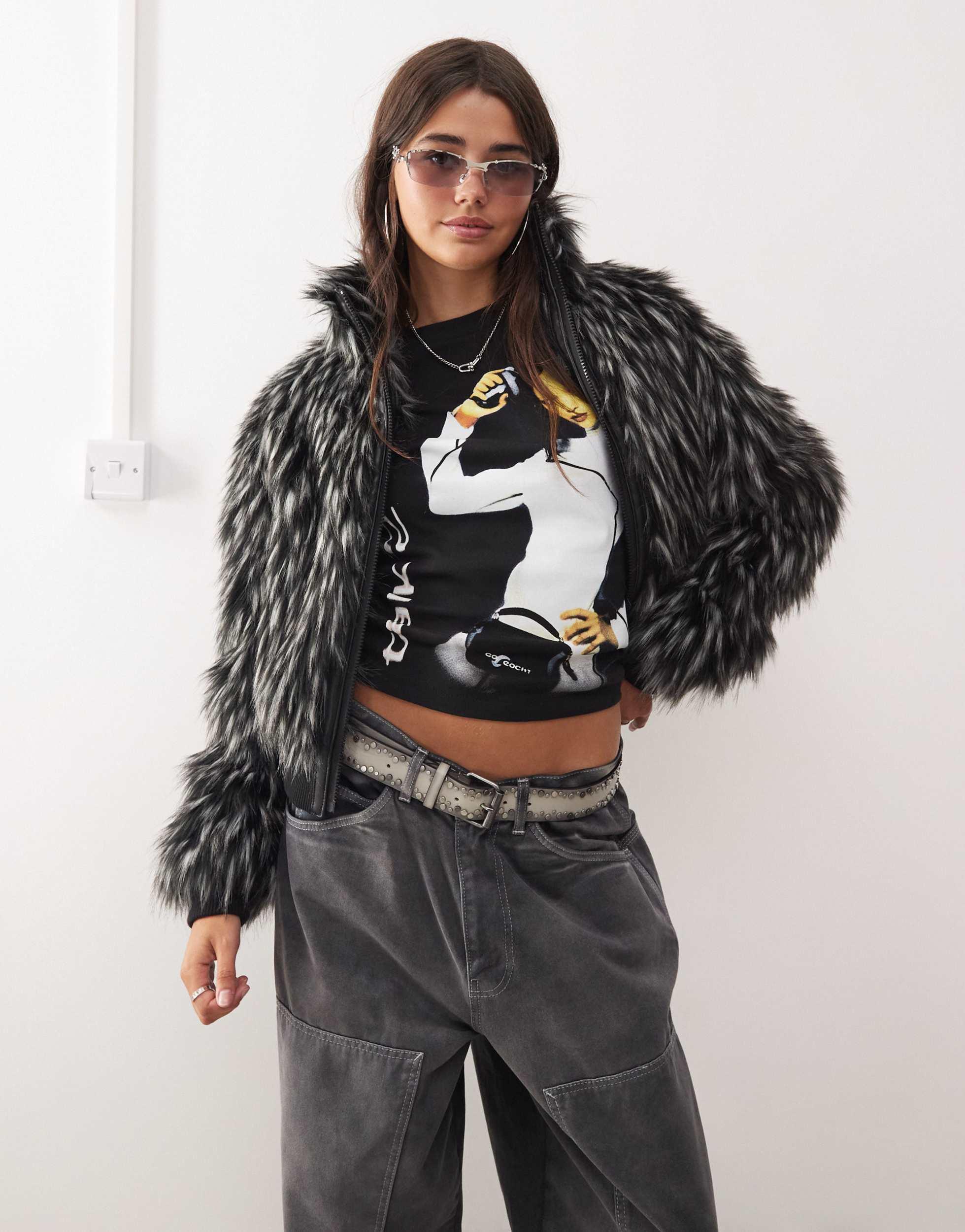 COLLUSION tipped faux fur short jacket in black