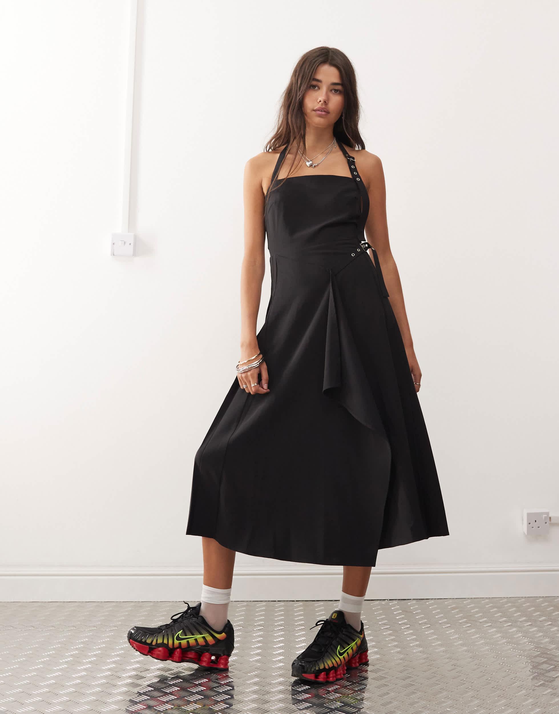 COLLUSION midi pinny dress with pleated hem and hardware detail in black