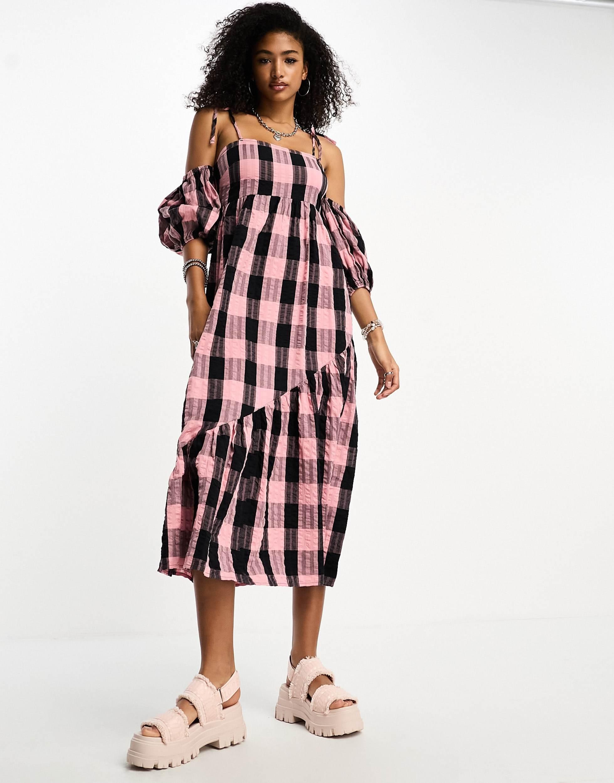 COLLUSION off the shoulder midi dress in pink plaid