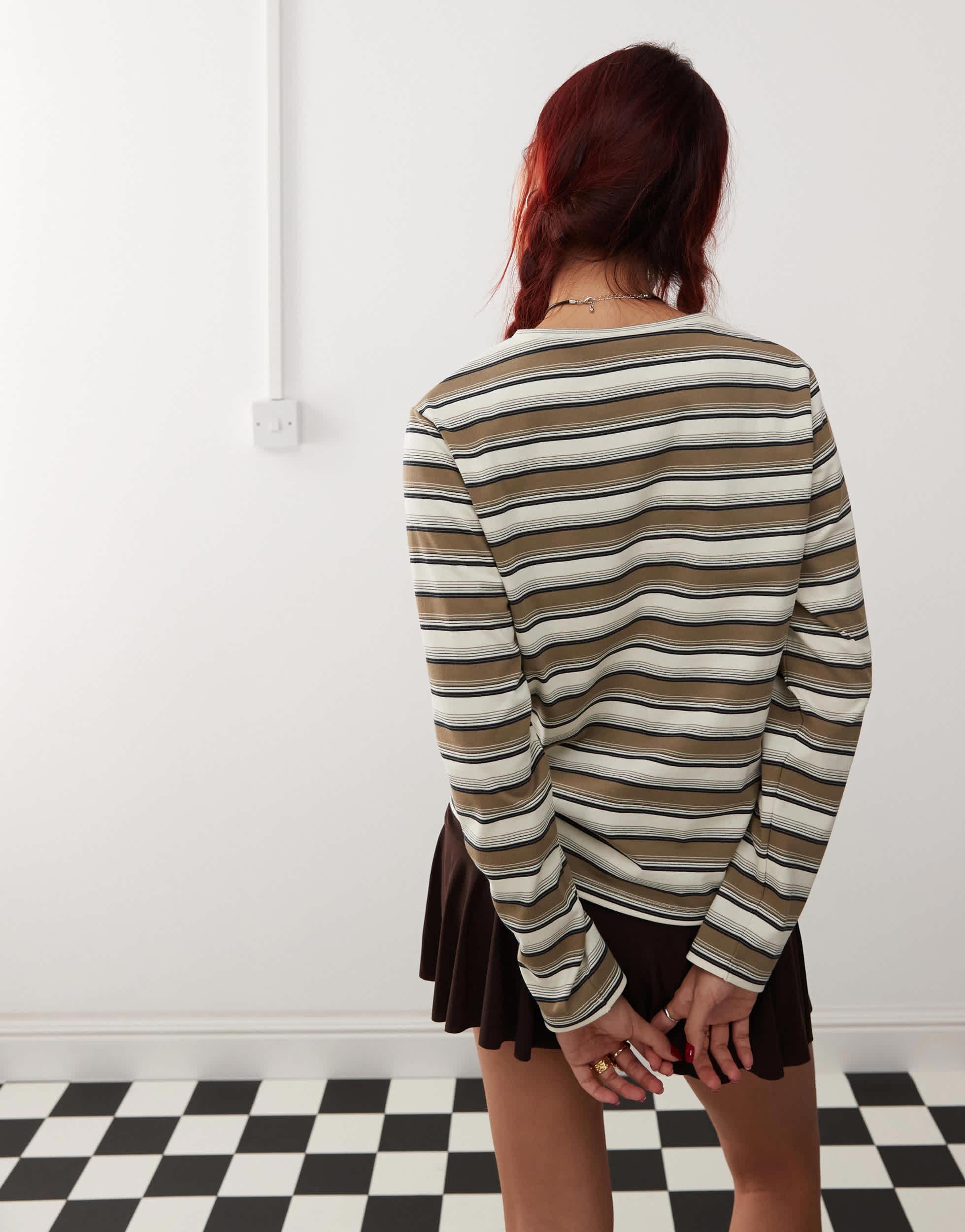 Motel dafika striped relaxed long sleeve top in brown