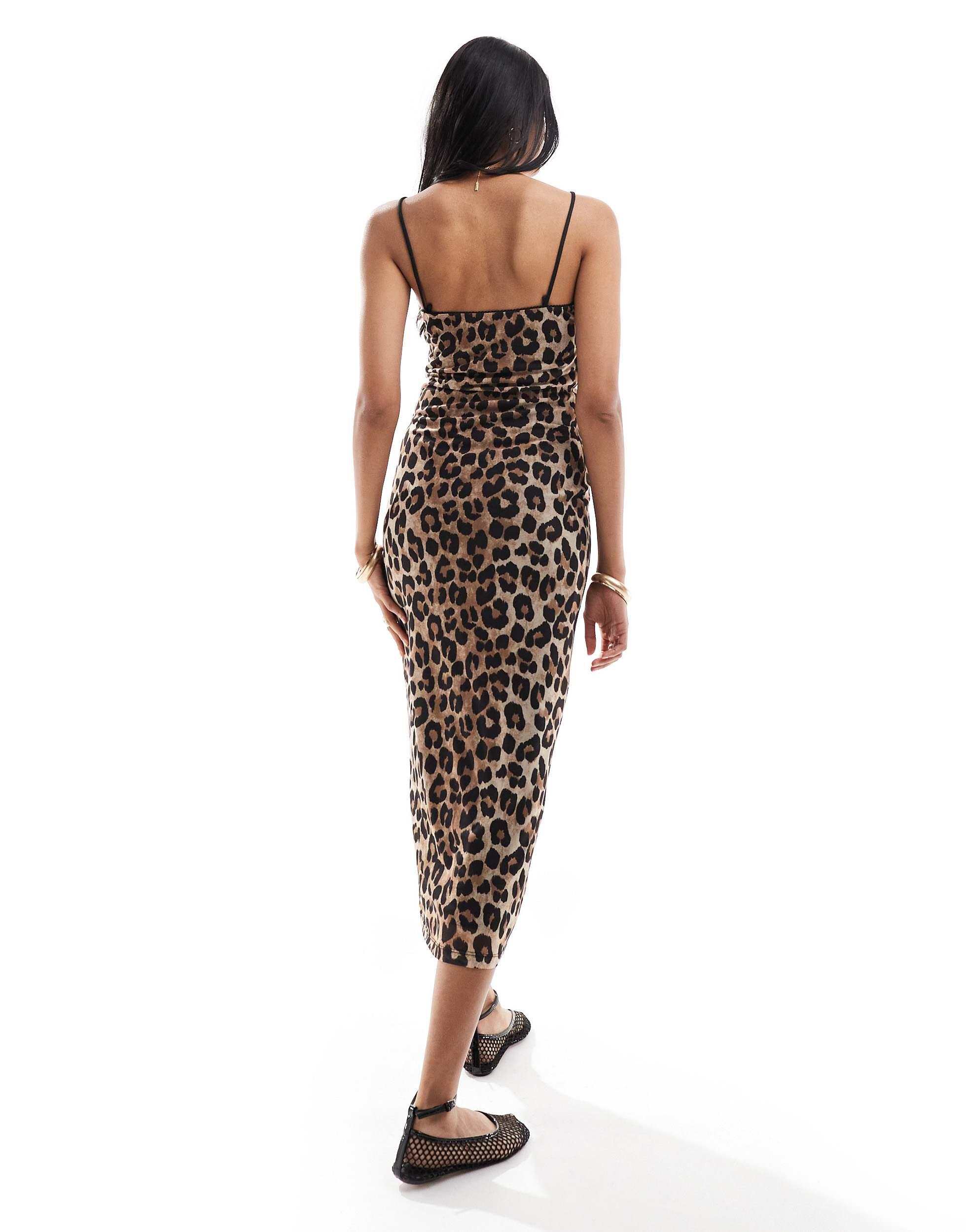 Mango leopard print cami midi dress in brown