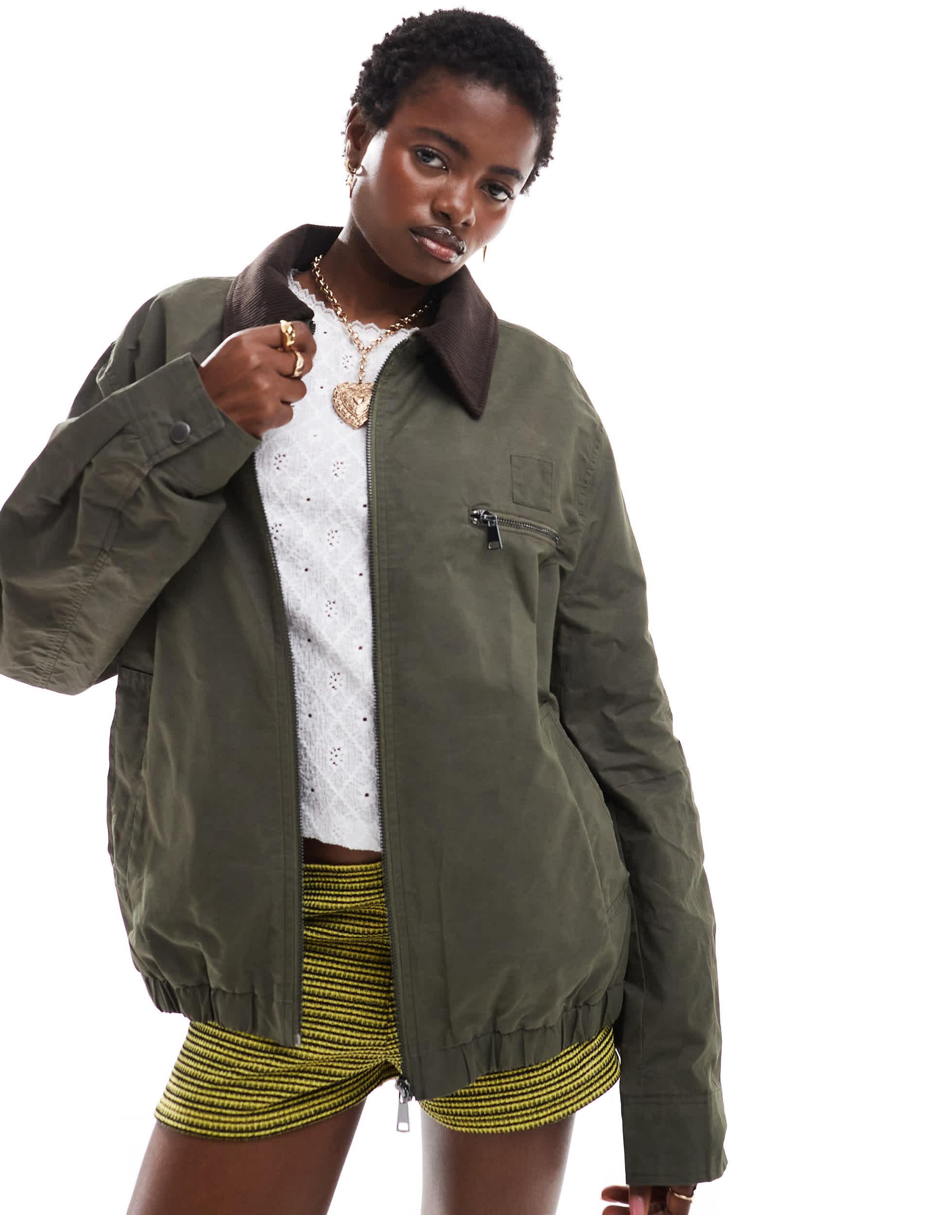 COLLUSION waxed jacket with cord collar in khaki