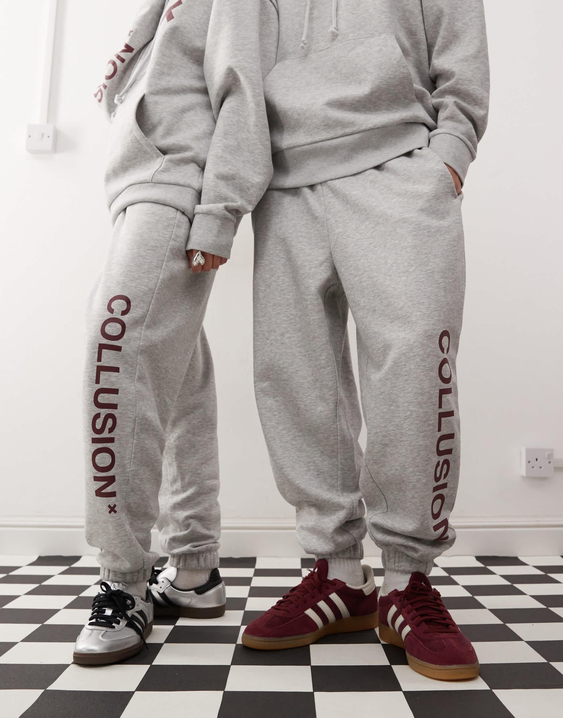 COLLUSION Unisex logo sweatpants in heather gray with burgundy print