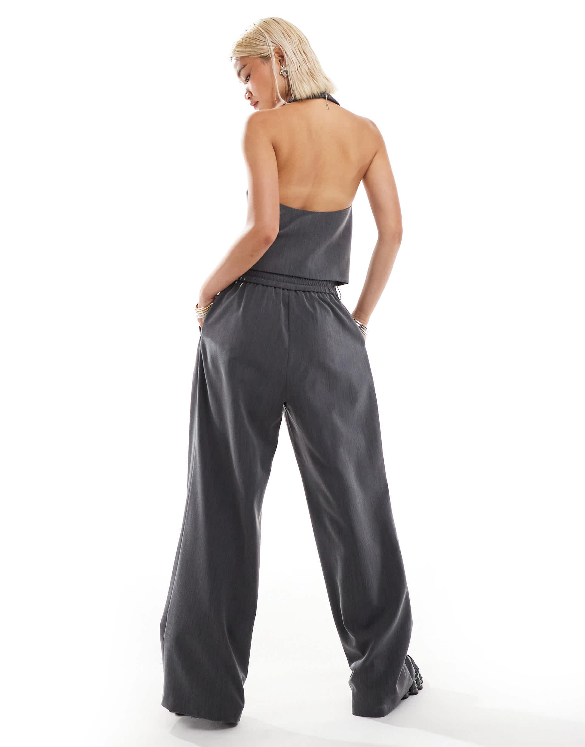 COLLUSION tailored wide leg pants with elastic waistband in charcoal gray - part of a set