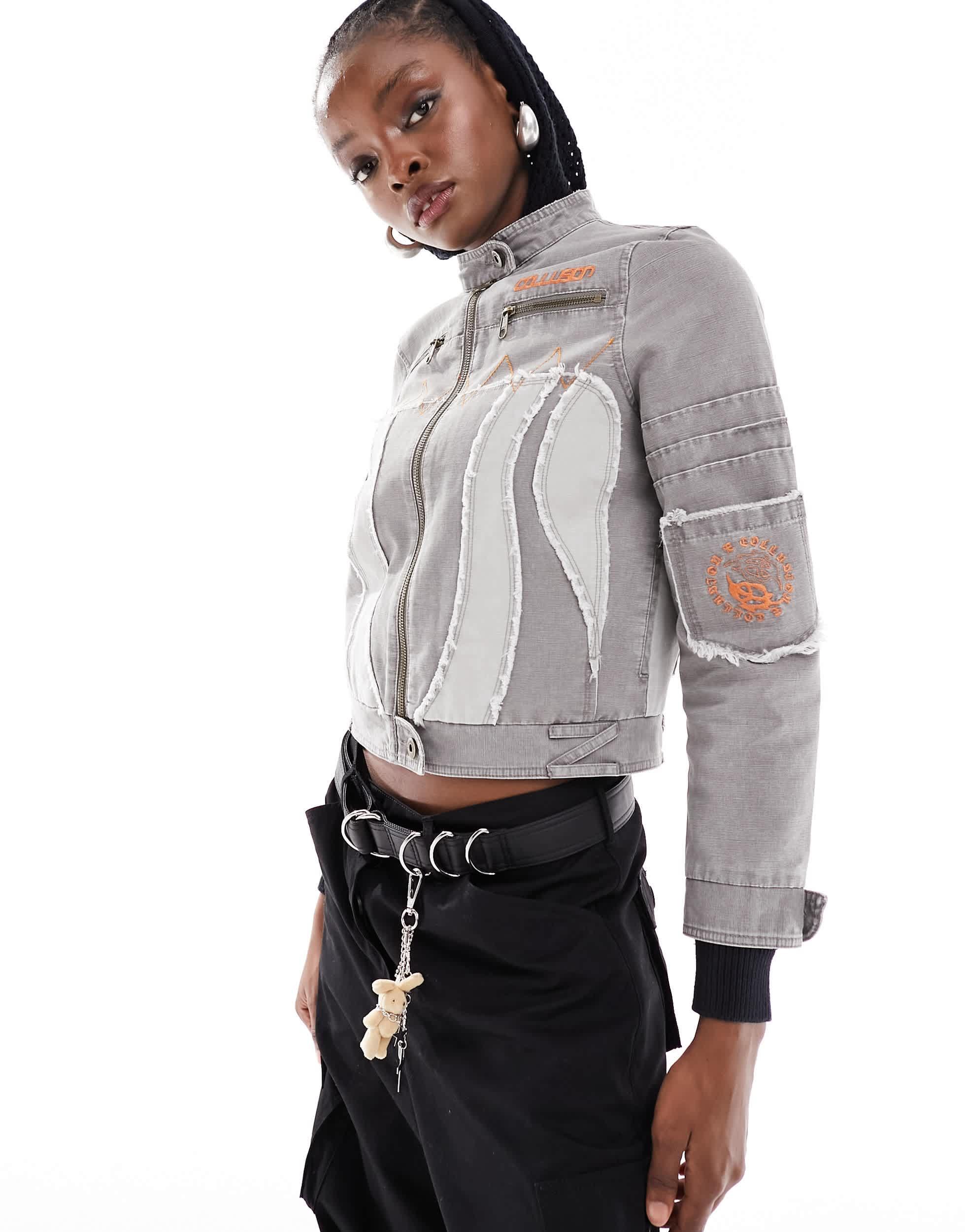 COLLUSION distressed canvas motocross jacket in light gray