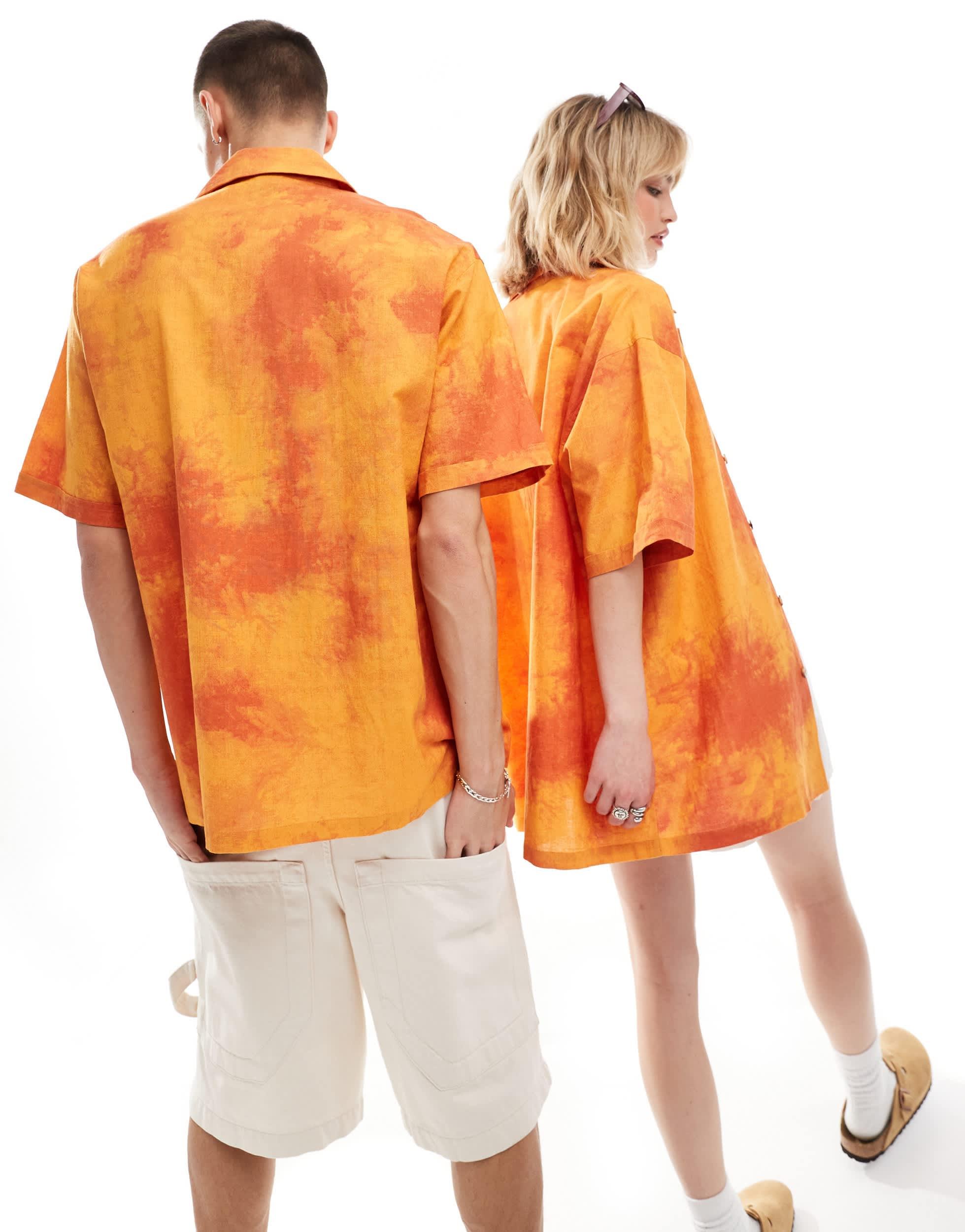 COLLUSION Unisex oversized revere shirt in orange tie dye