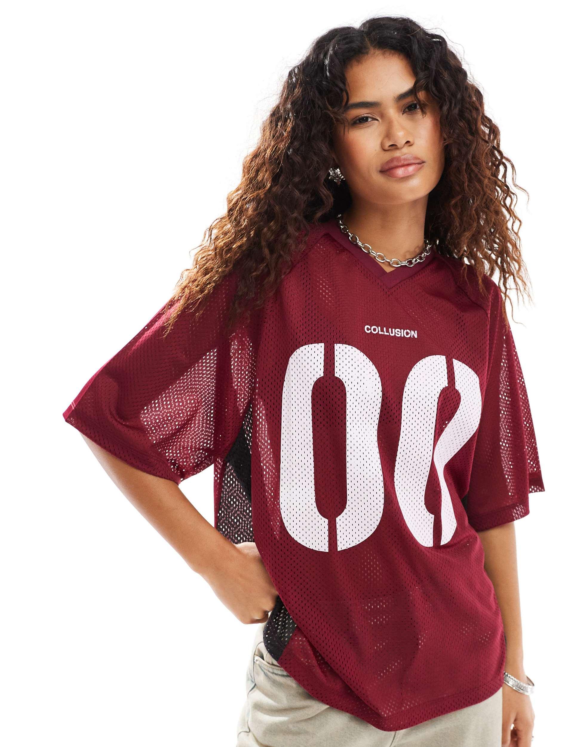 COLLUSION oversized sports tee with number graphic in burgundy