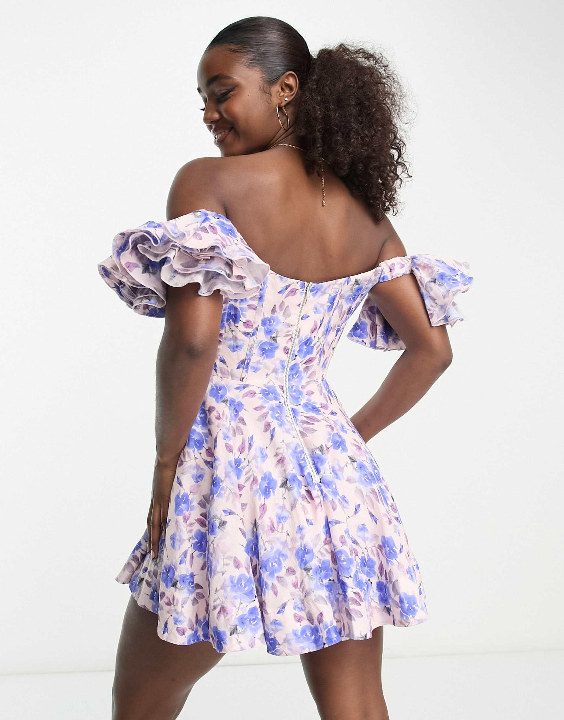 Bardot ruffle cold shoulder mini dress in blue floral