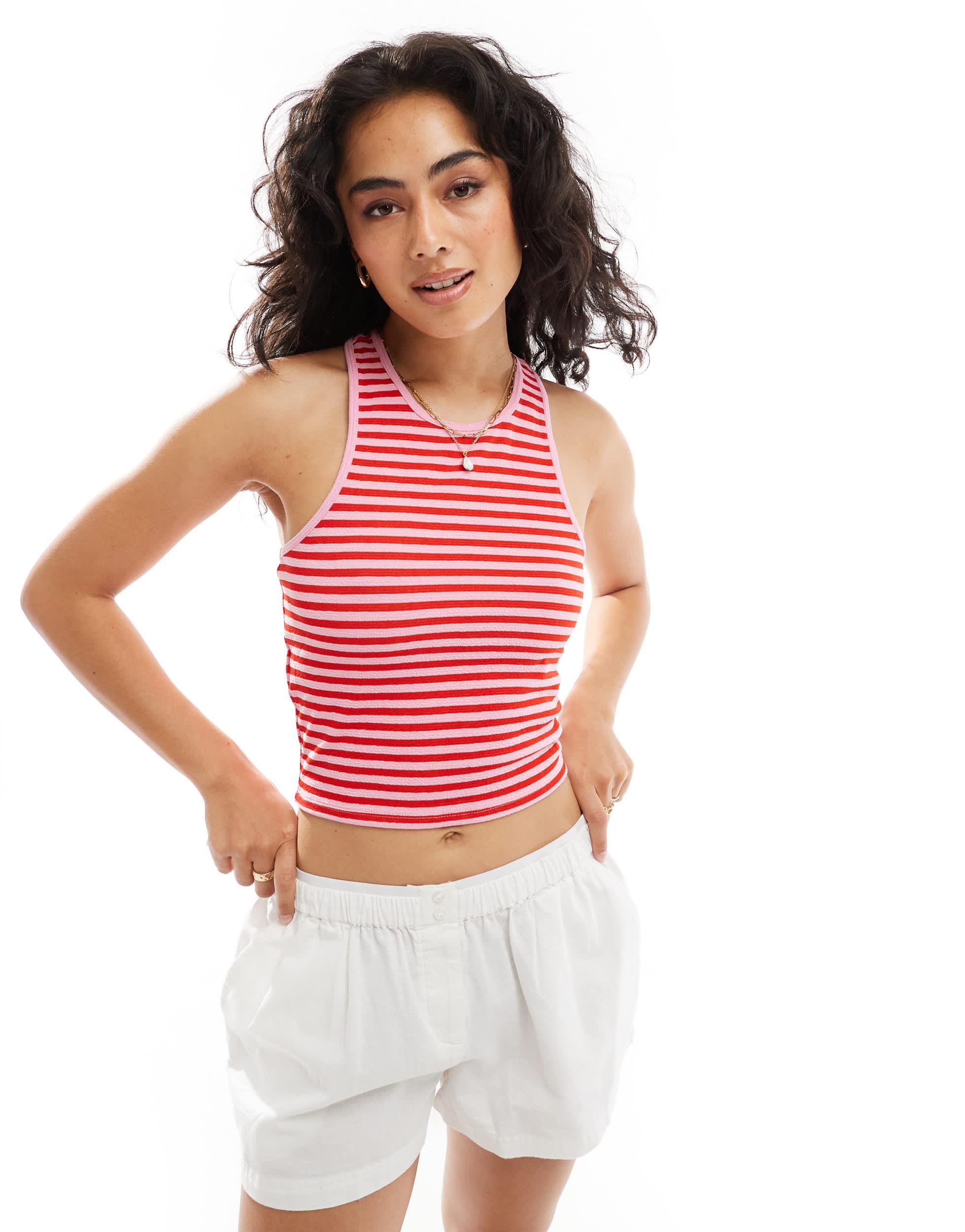 Mango stripe toweling tank top in pink and red