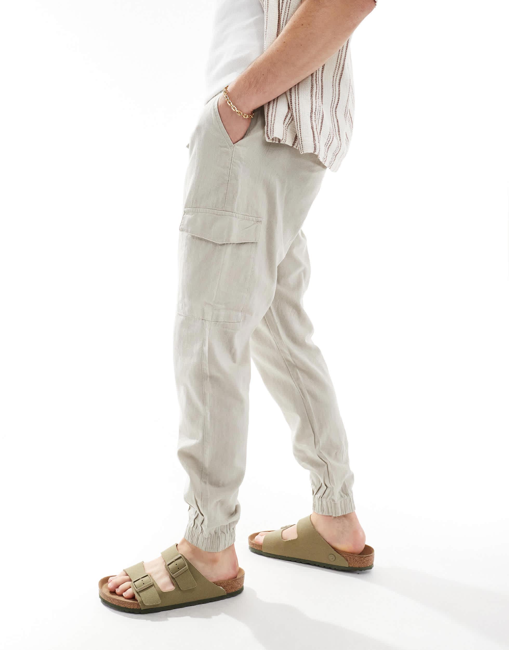 Brave Soul linen look elastic waist cargo pants in light stone