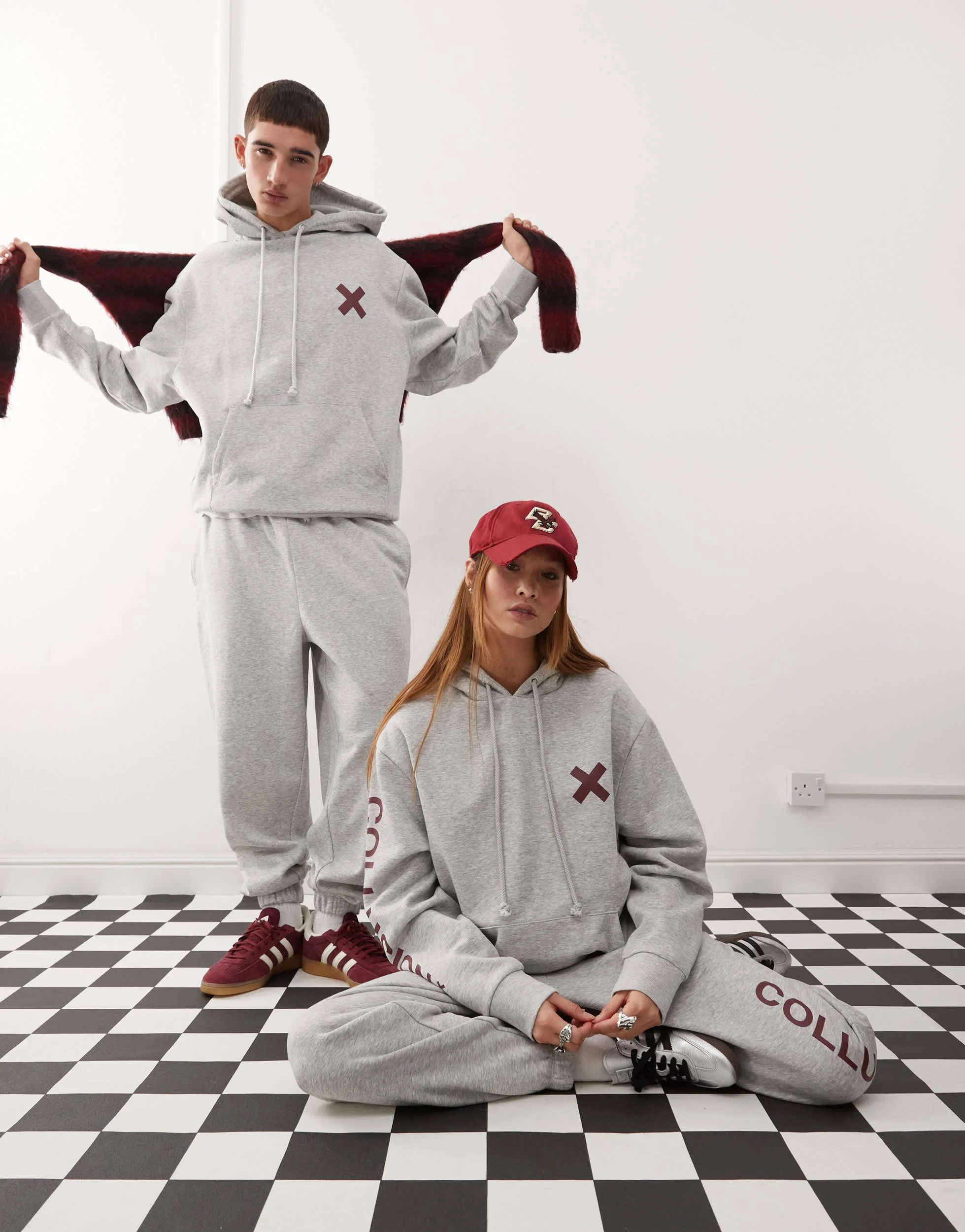 COLLUSION Unisex logo hoodie in heather gray with burgundy print