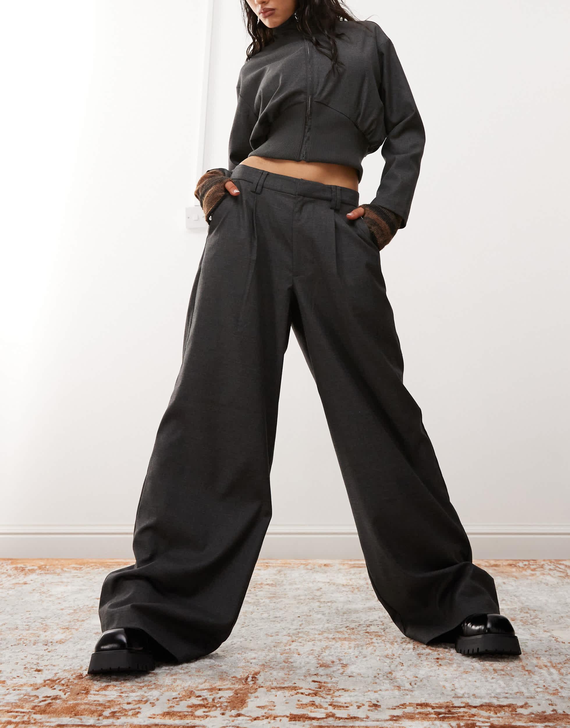 COLLUSION wide leg tailored pants set in charcoal