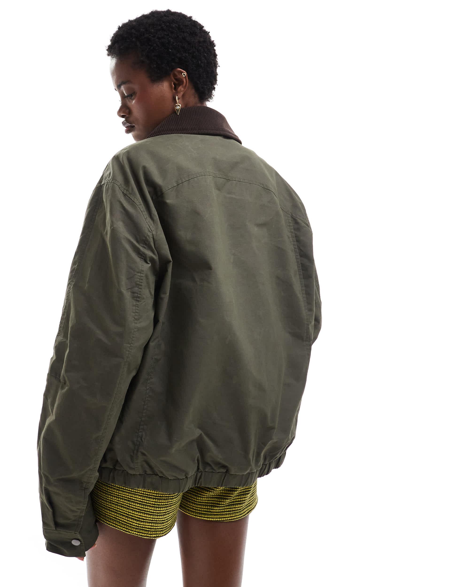 COLLUSION waxed jacket with cord collar in khaki