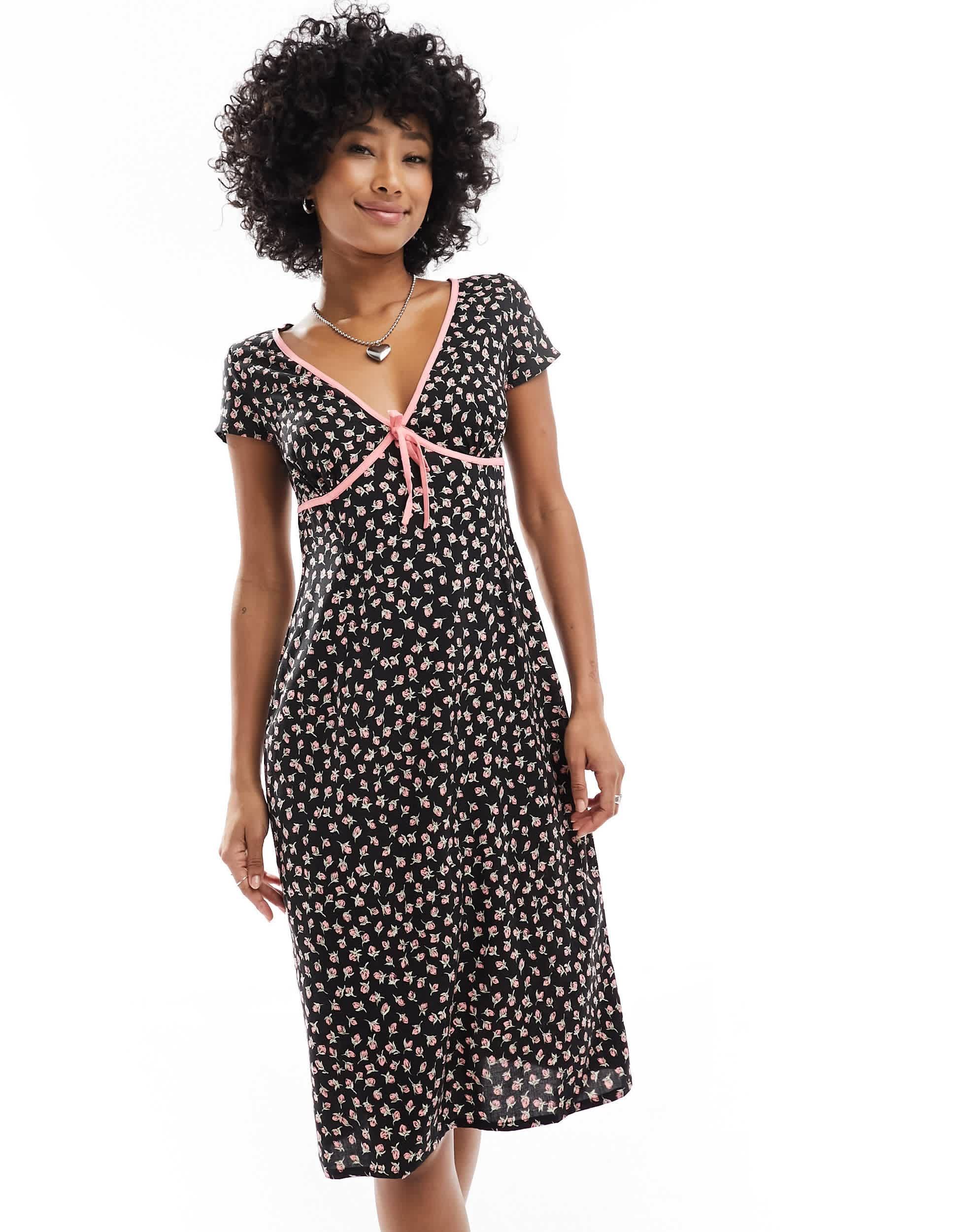 Motel ditsy floral bow detail midi dress in pink and black