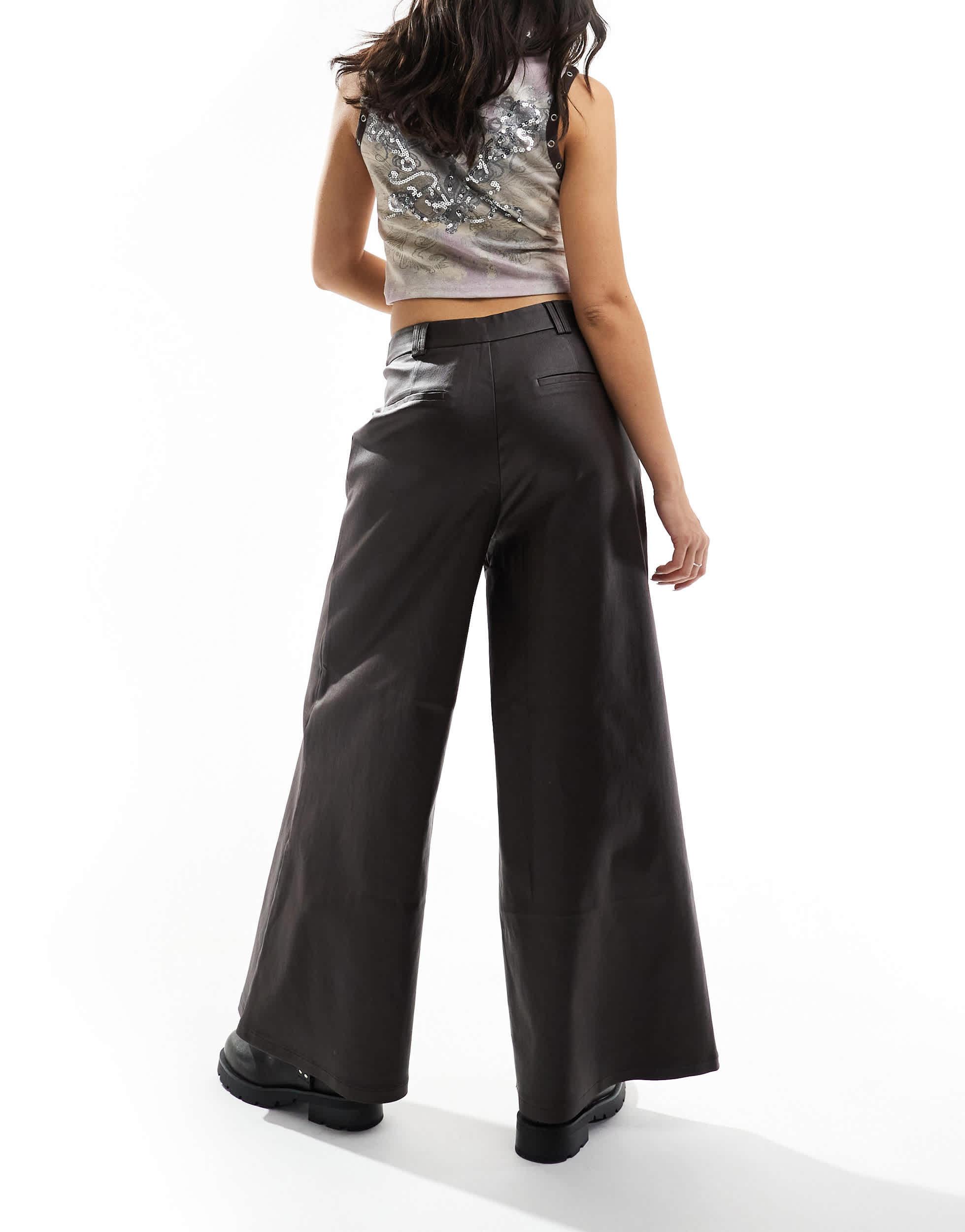 COLLUSION coated wide leg PU pants in brown