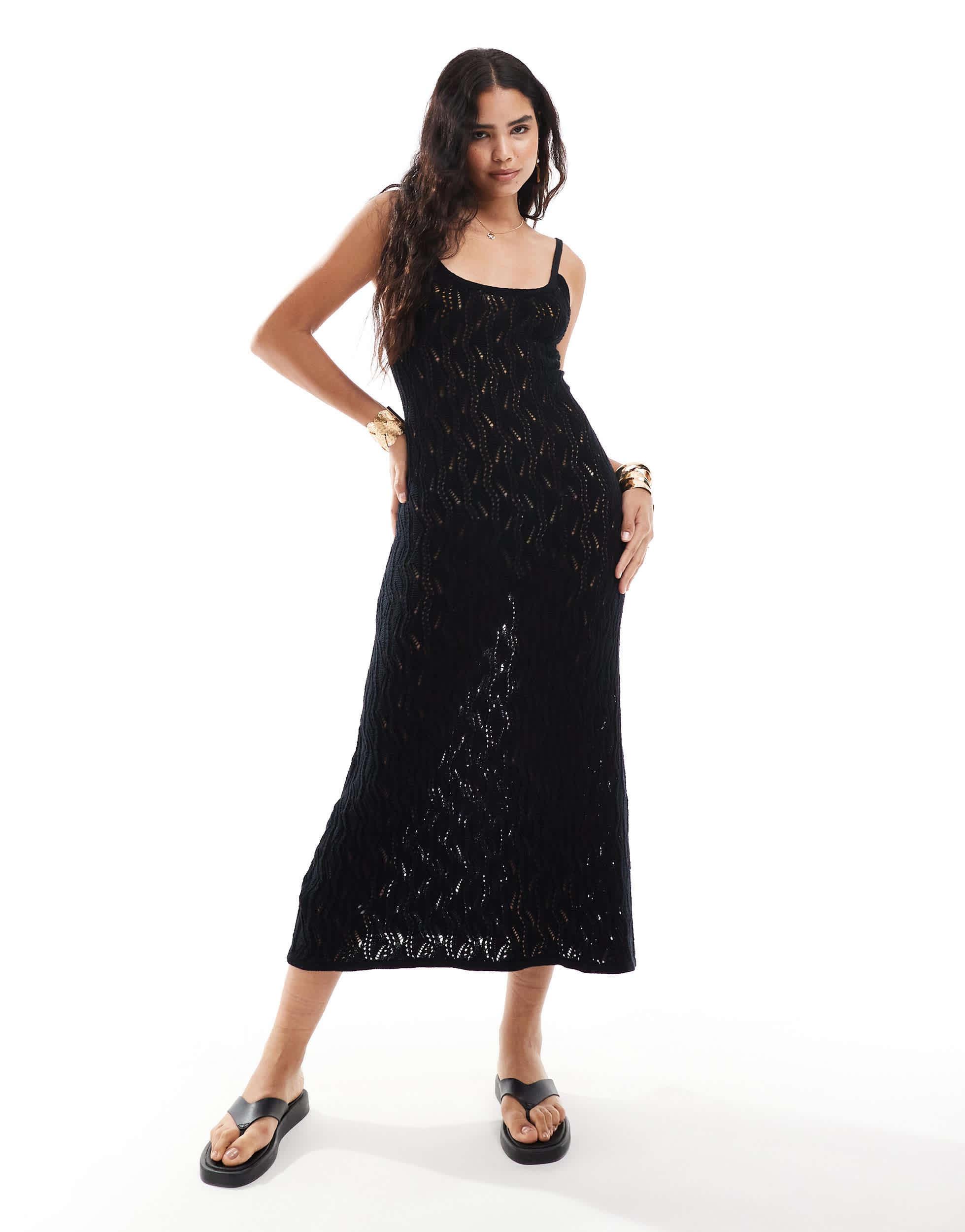 Mango crochet cami midi dress in black