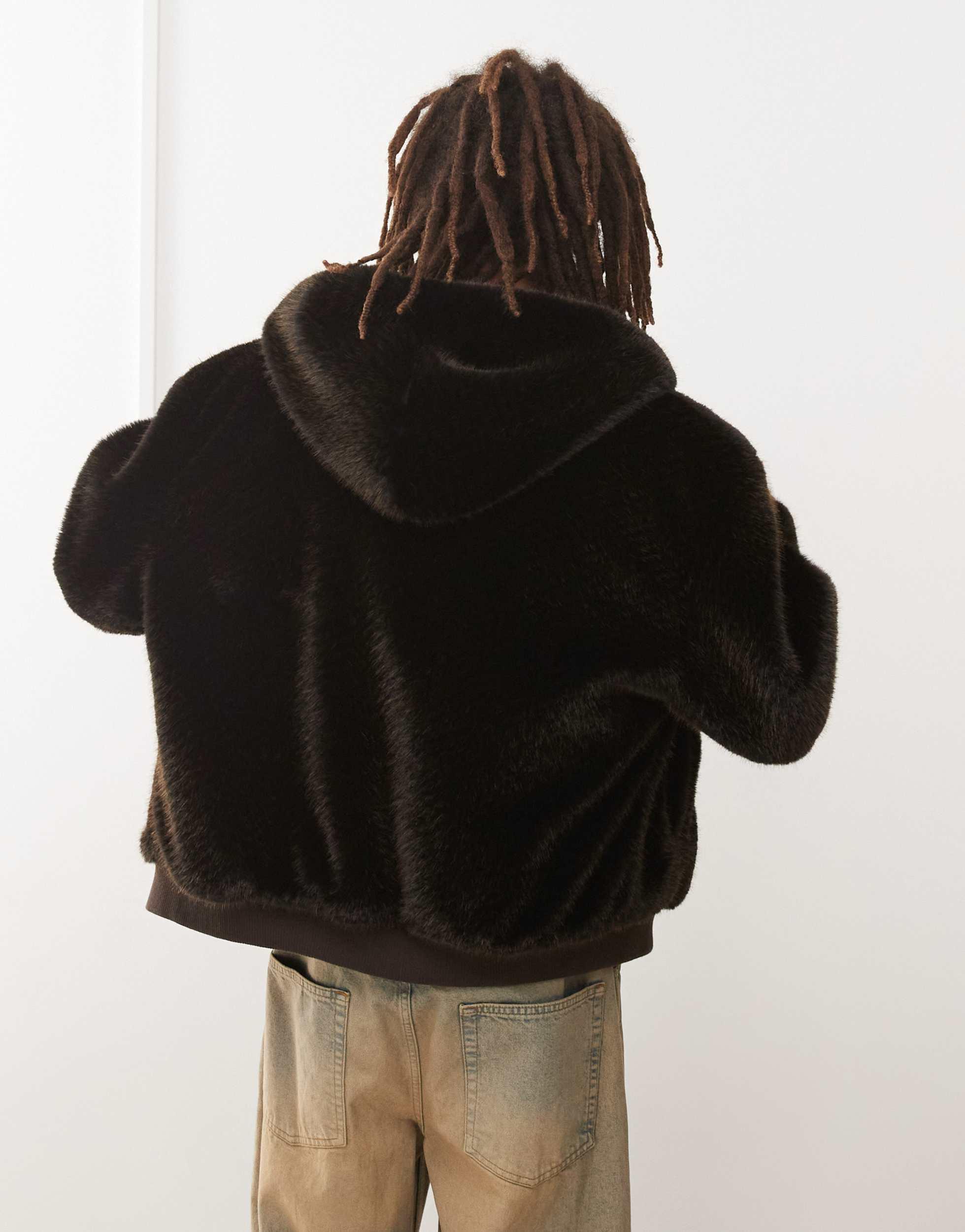 COLLUSION faux fur hooded jacket in brown