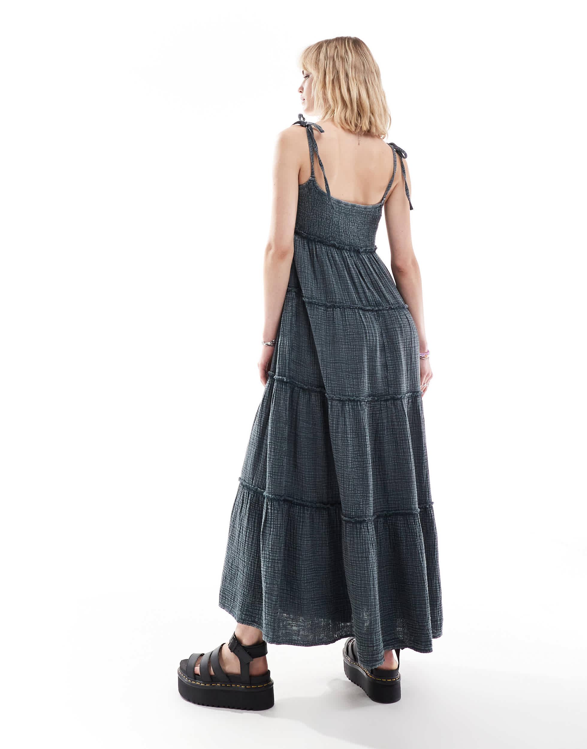 COLLUSION double cloth shirred tiered cami maxi sun dress in washed blue