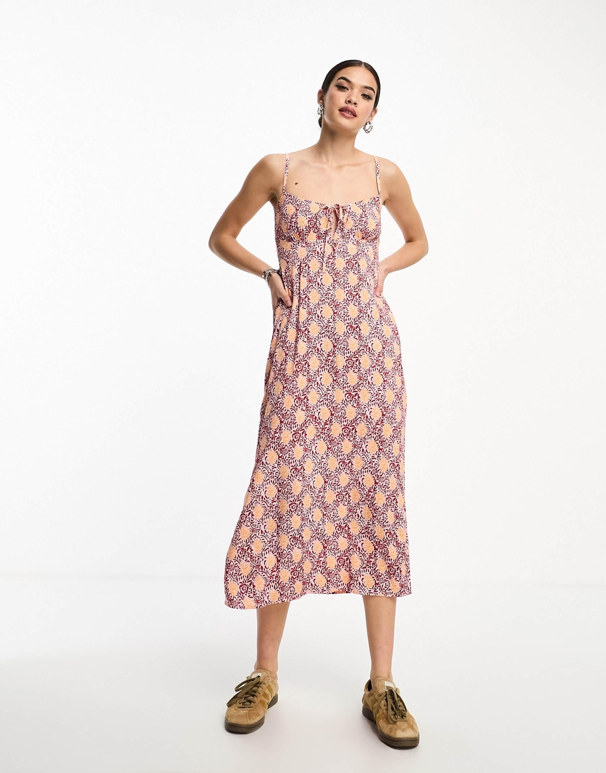 Motel bohemian batik midi slip dress with ribbon bow in maroon peach