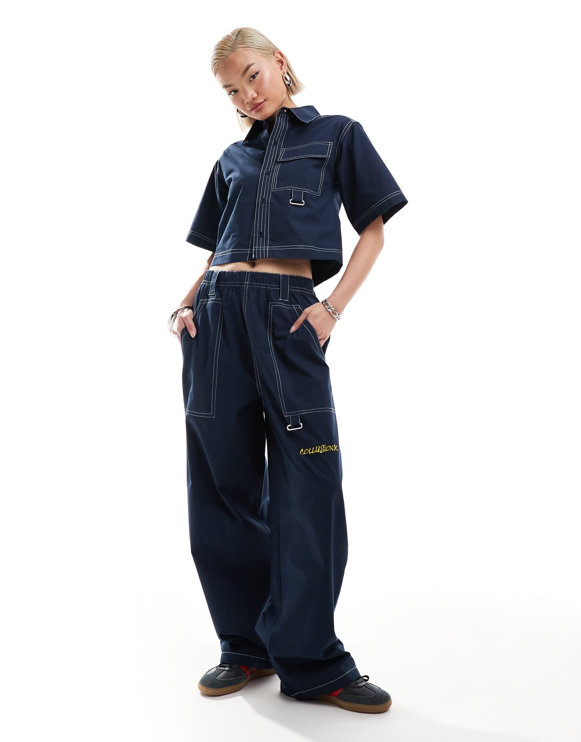 COLLUSION festival ripstop baggy pants in navy - part of a set