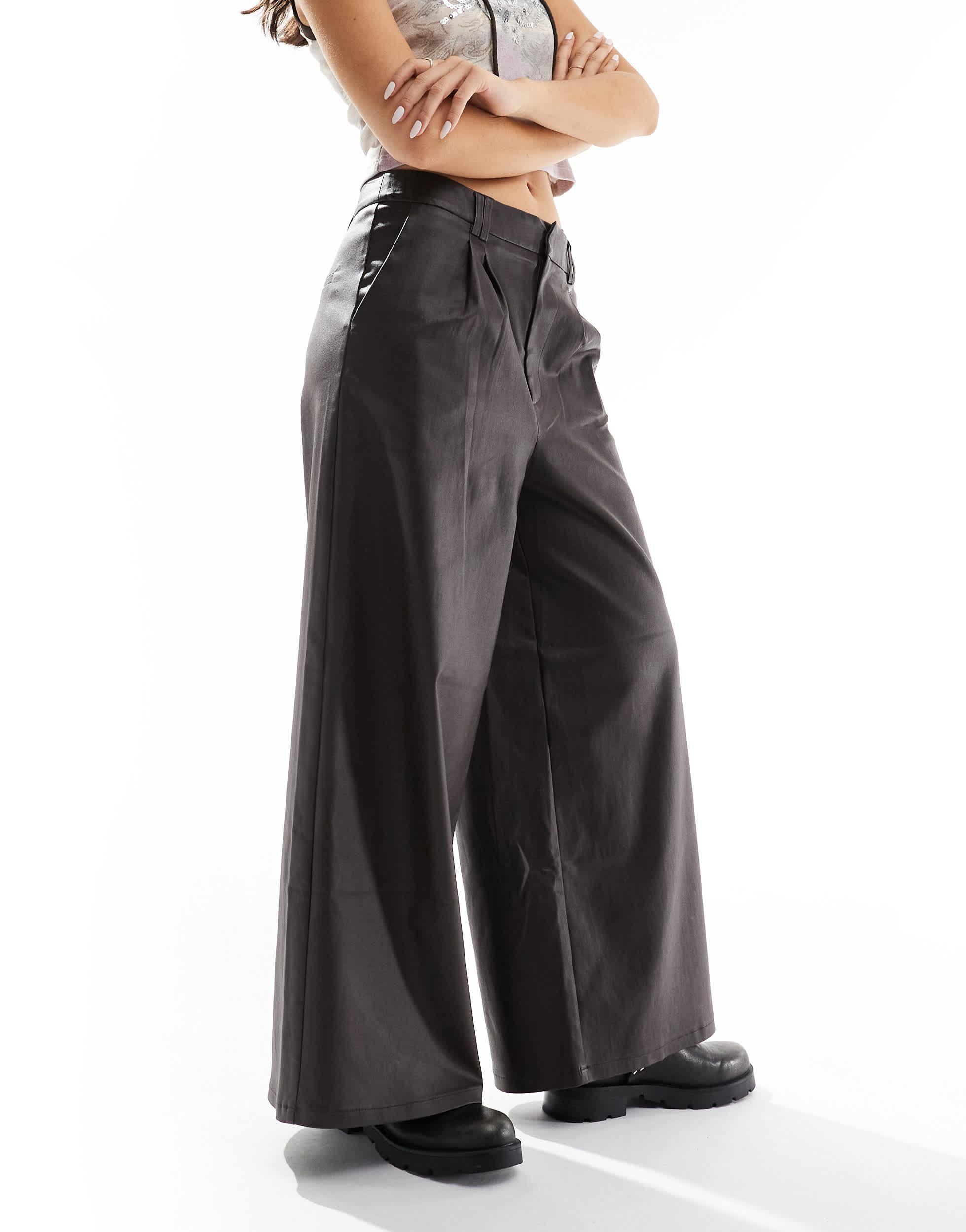 COLLUSION coated wide leg PU pants in brown